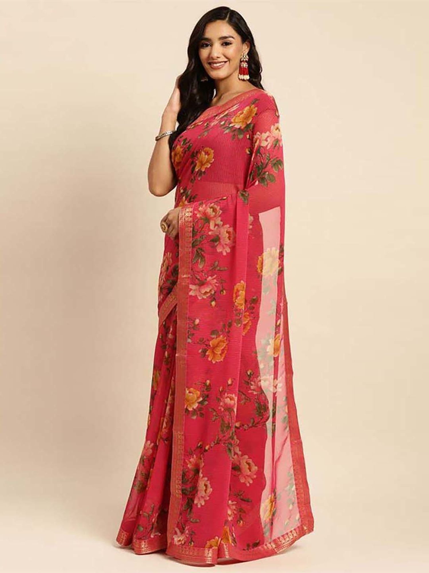 Rangita Red Floral Print Saree With Unstitched Blouse