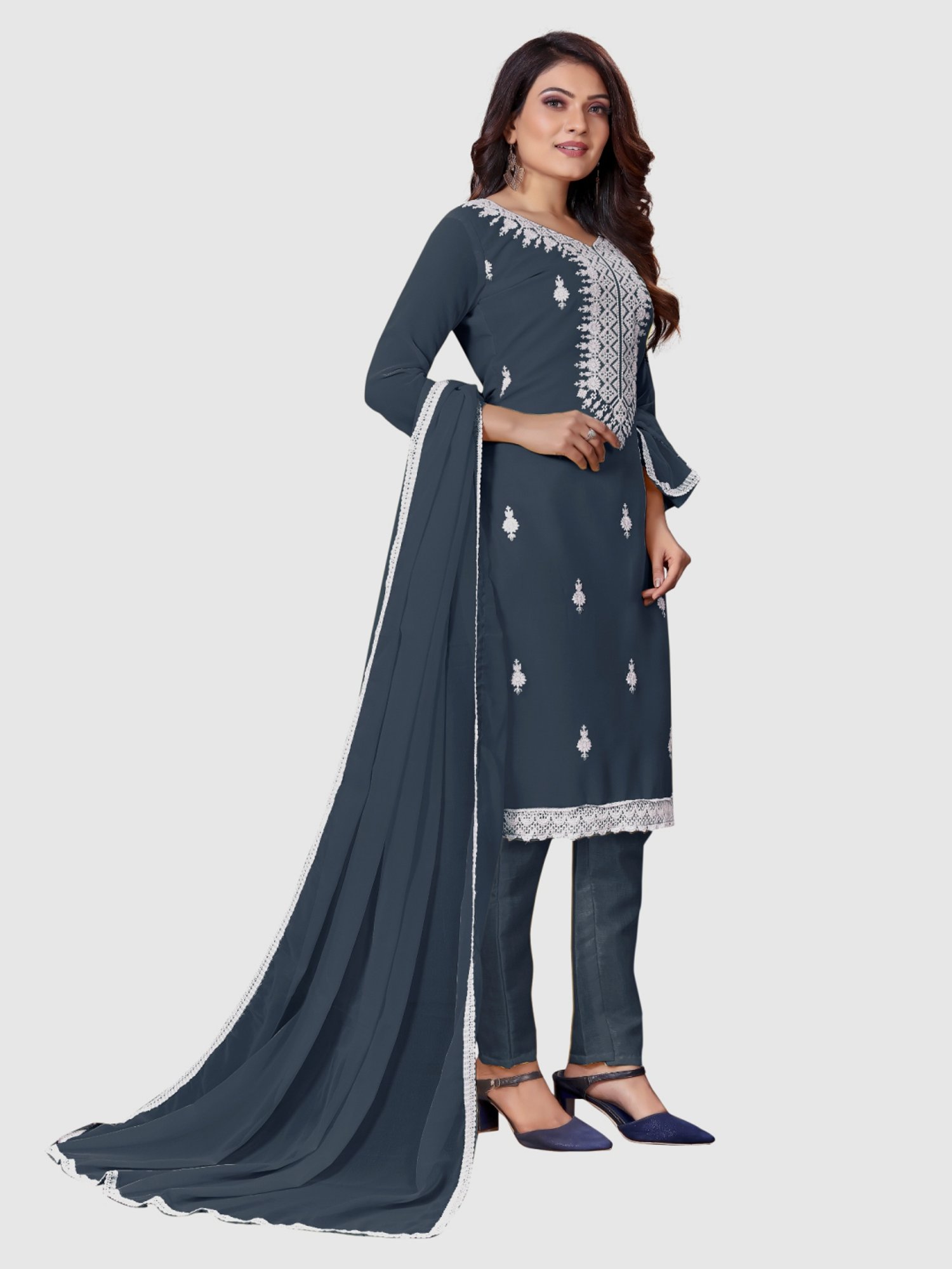 APNISHA Bluish Grey Embroidered Unstitched Dress Material