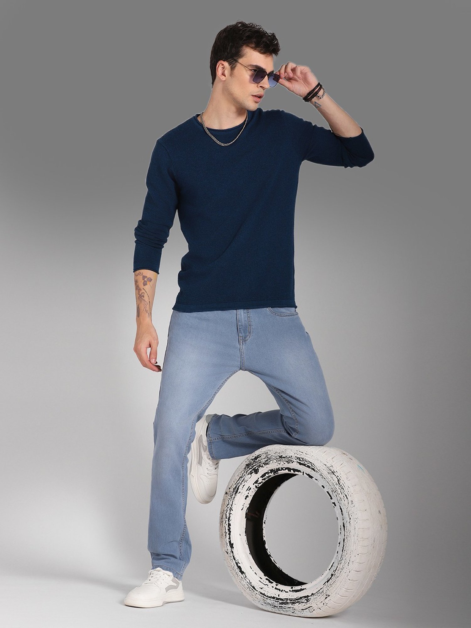 High Star Blue Cotton Regular Fit Sweater