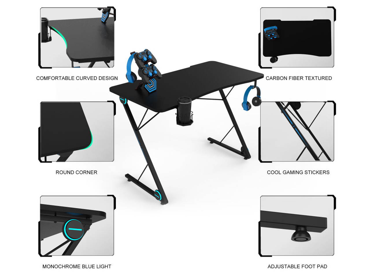 Gaming Desk 47.2" W x 23.6" D Office Computer Table, Black Gamer Workstation with 2 Cable Management Holes