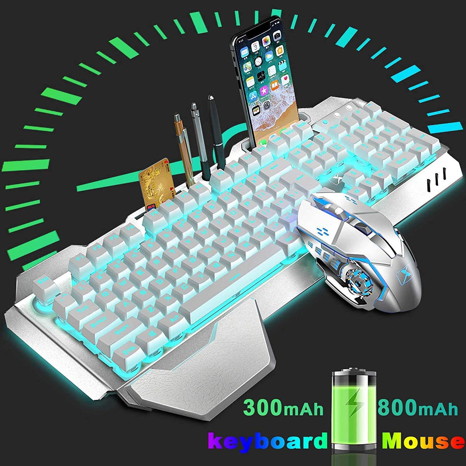 Wireless Gaming Keyboard and Mouse,Rainbow Backlit Rechargeable Keyboard Mouse with 3800mAh Battery Metal Panel,Removable Hand Rest Mechanical Feel Keyboard and 7 Color Gaming Mute Mouse for PC Gamers