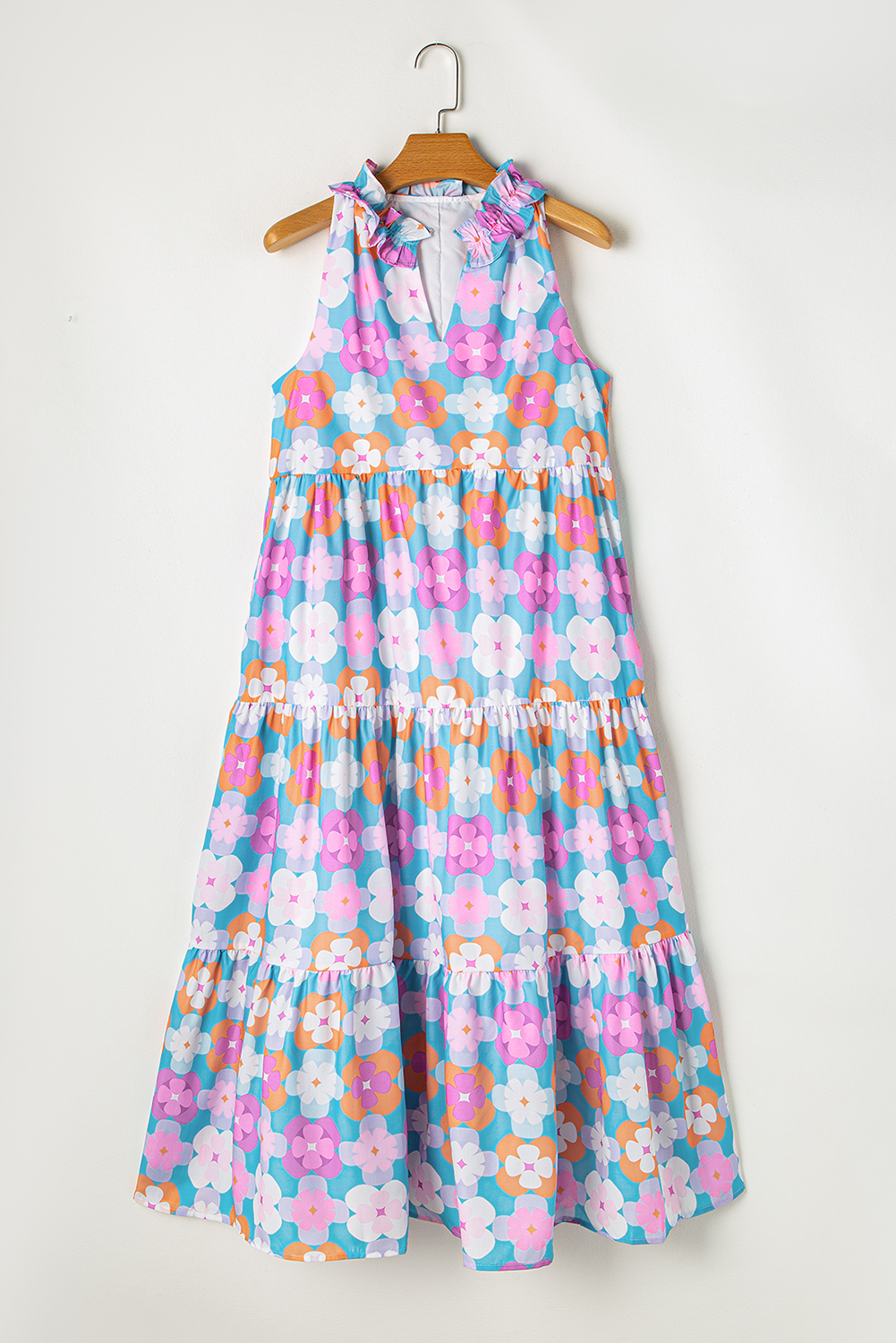 Sky Blue 60s Flower Split Neck Sleeveless Tiered Maxi Dress