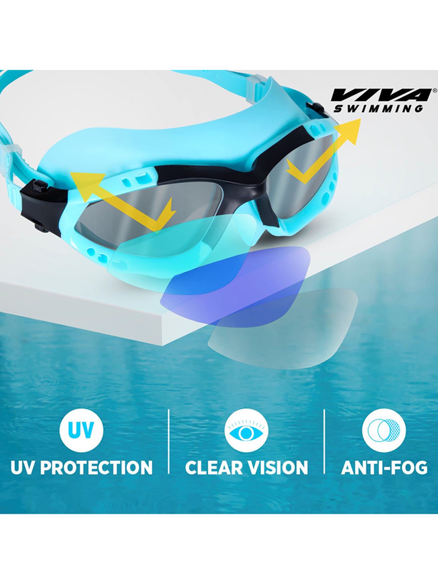 Viva Swimming Anti Fog UV Protection Discovery Mask Goggle Comfortable Cushioned (Blue)