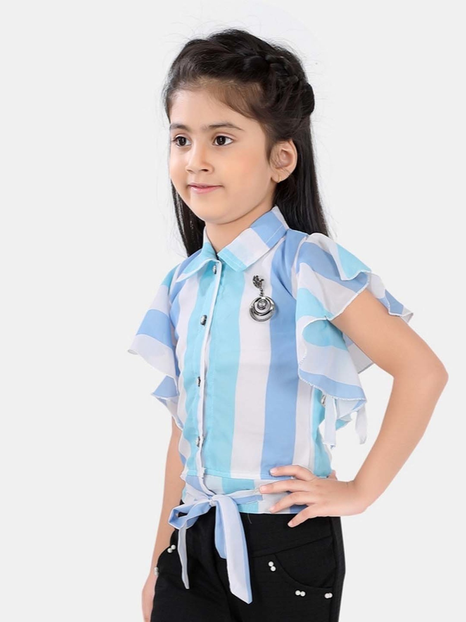 poplins Kids Blue & White Cotton Color Block Top