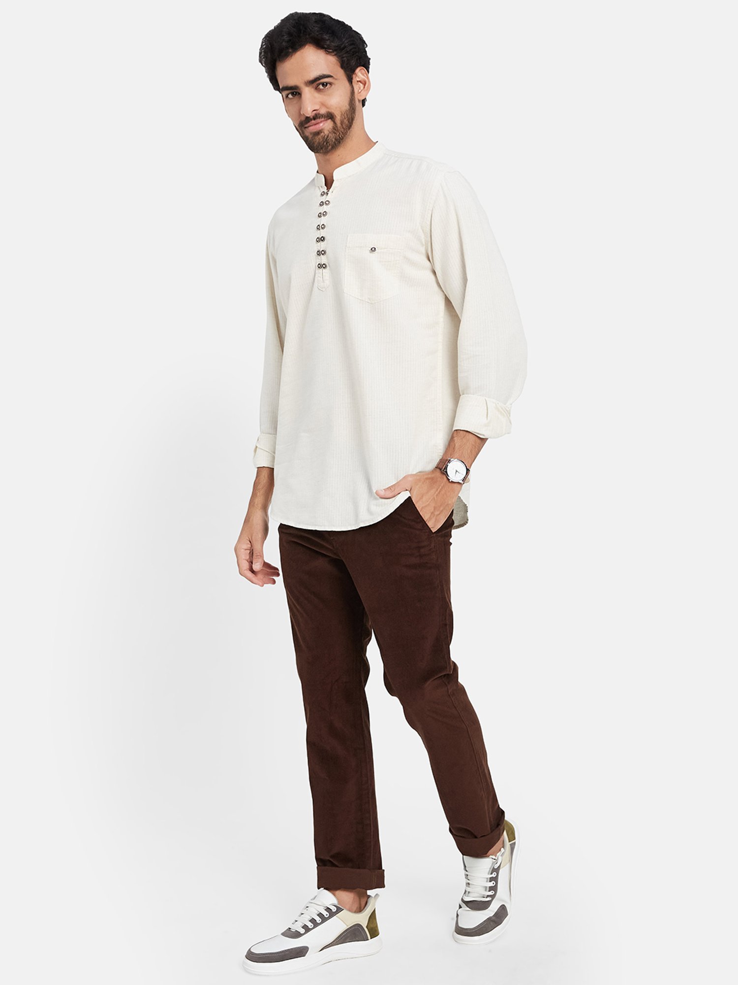 METTLE Cream Regular Fit Striped Shirt