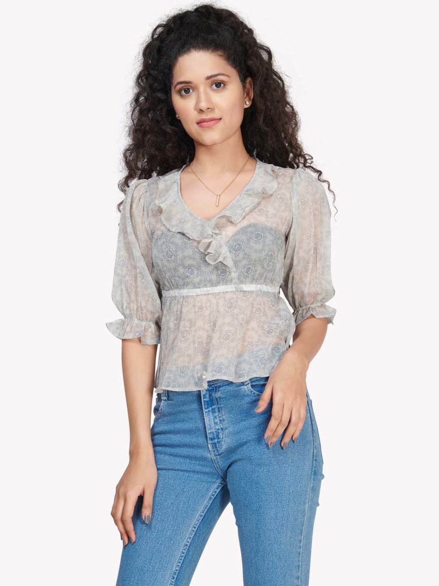 VASTRADO Grey Cotton Printed Top