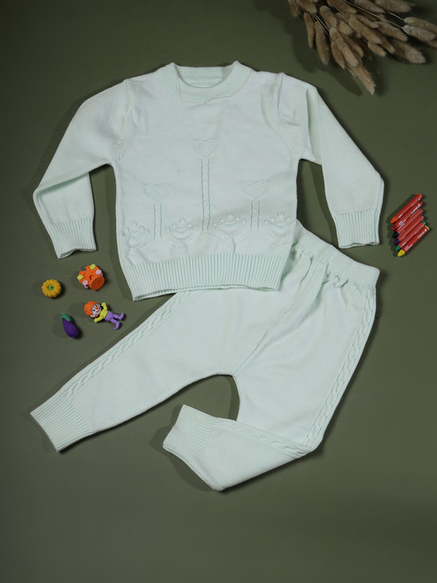 NEUDIS Girls Light Green Self Design Full Sleeves Sweatshirt with Joggers