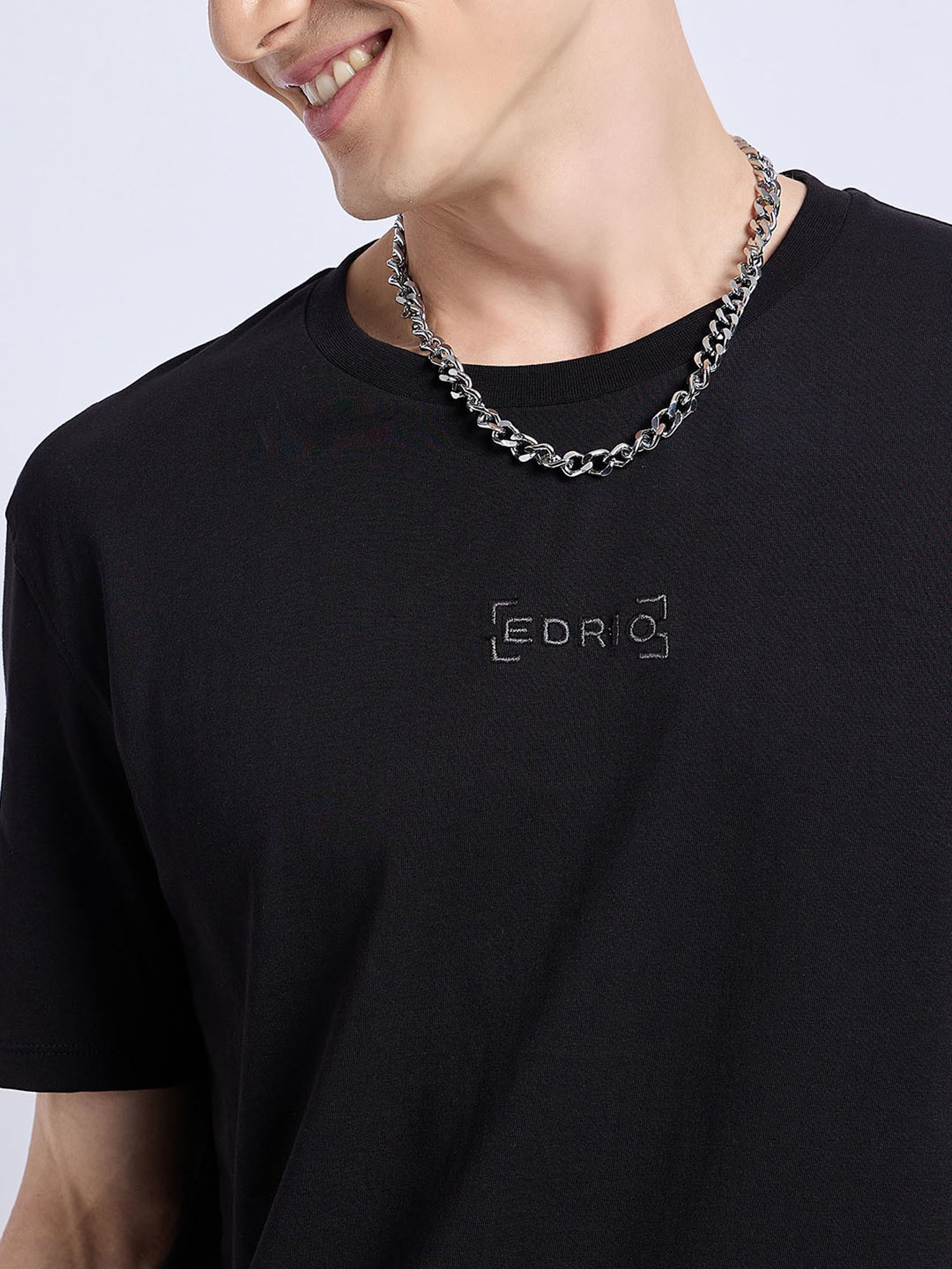 EDRIO Black Regular Fit Printed Crew T-Shirt