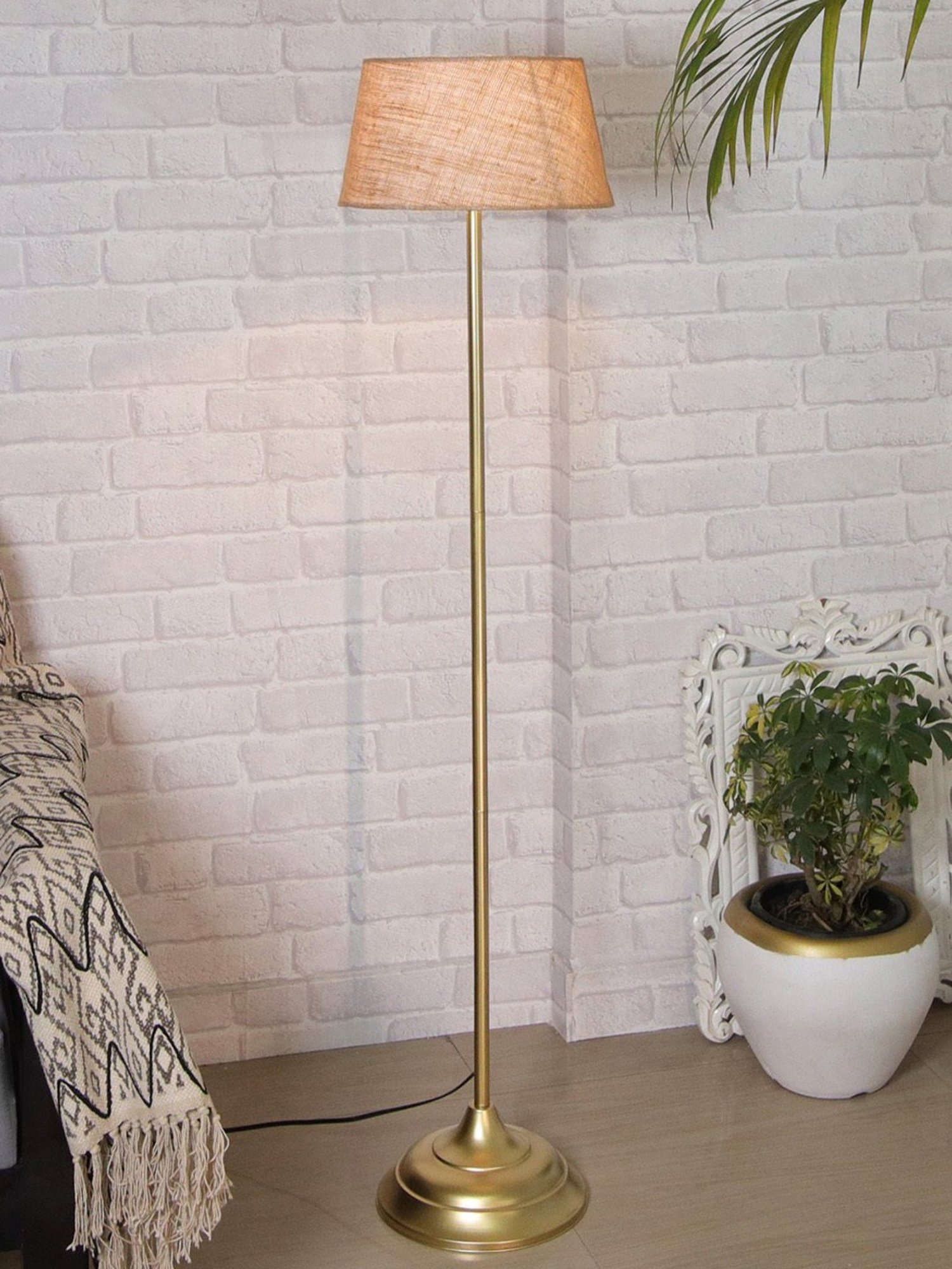 Homesake Beige & Golden Metal Standing Floor Lamp with Bulb and Floor Switch (Iron Legs)