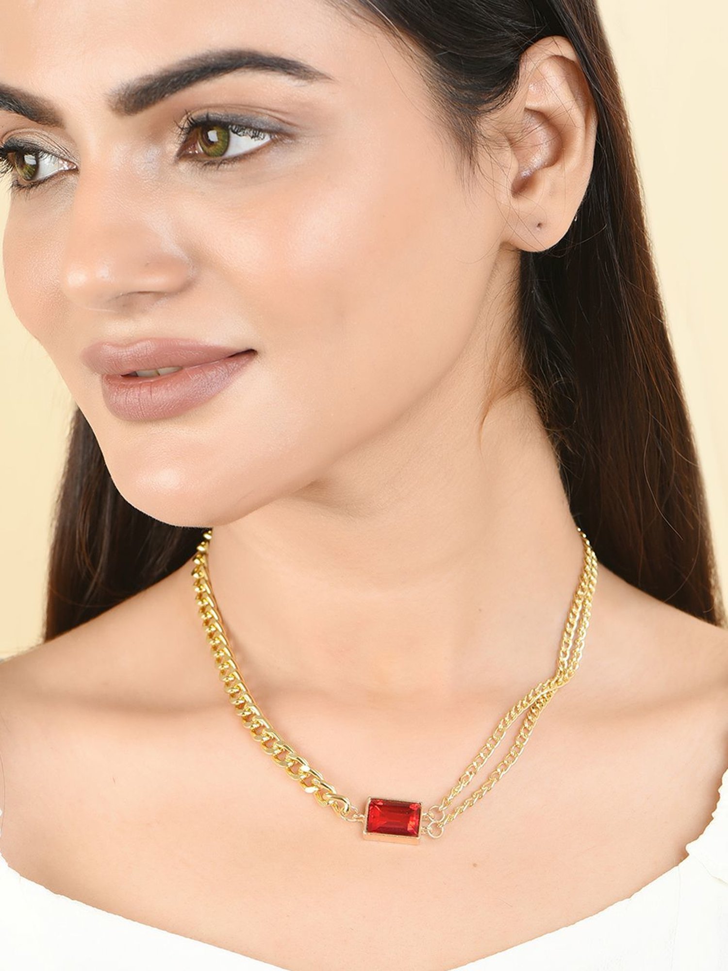Toniq Red Gold-Plated Shape Colour Stone Party Wear Choker Necklace for Women