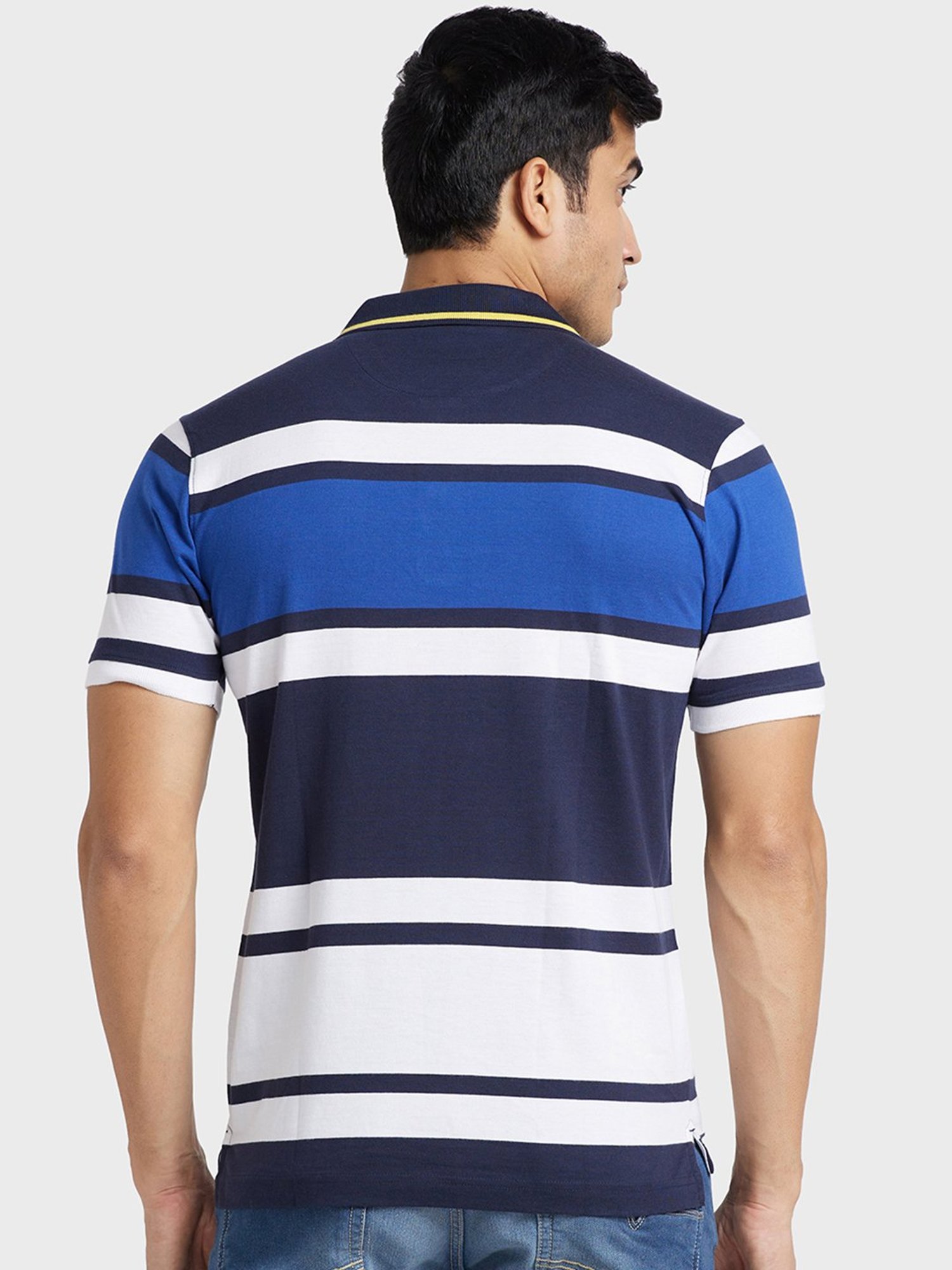 Colorplus Blue Cotton Tailored Fit Striped Polo T-Shirt