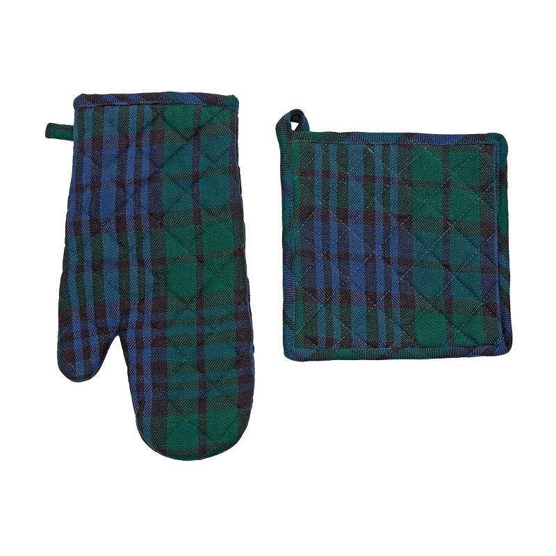 C&F Home Black and Green Plaid Pot Holder & Mitt Set