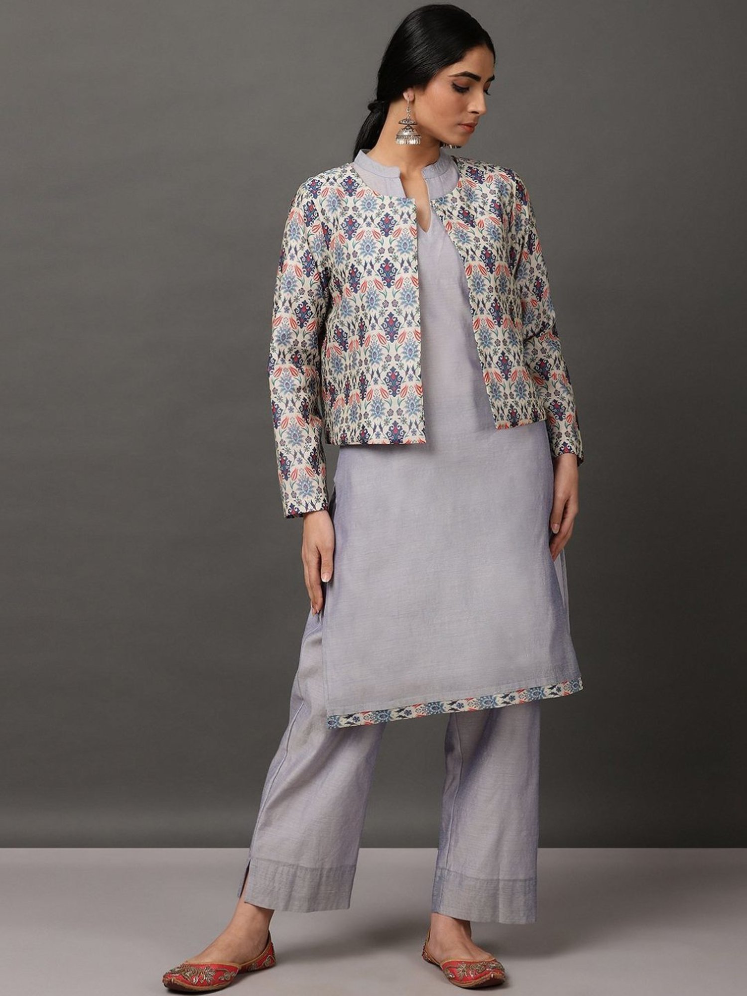 Nuhh Light Blue Chanderi Kurta & Pant Set with Jacket