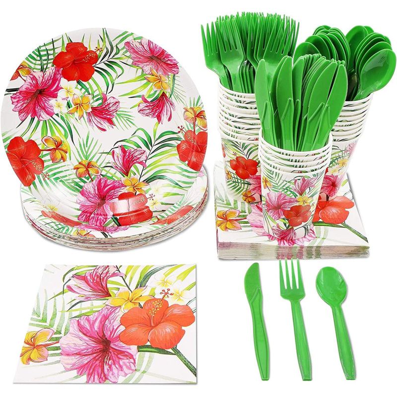 Blue Panda 144 Pieces Hawaiian Luau Dinnerware Set, Tropical Party Supplies (Serves 24)
