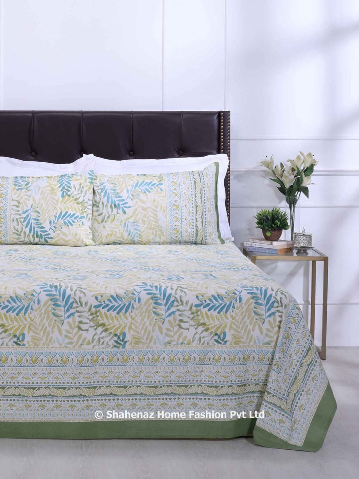 Shahenaz Olive & Blue 120 TC Cotton French Leaves Double Bedsheet with 2 Pillow Covers
