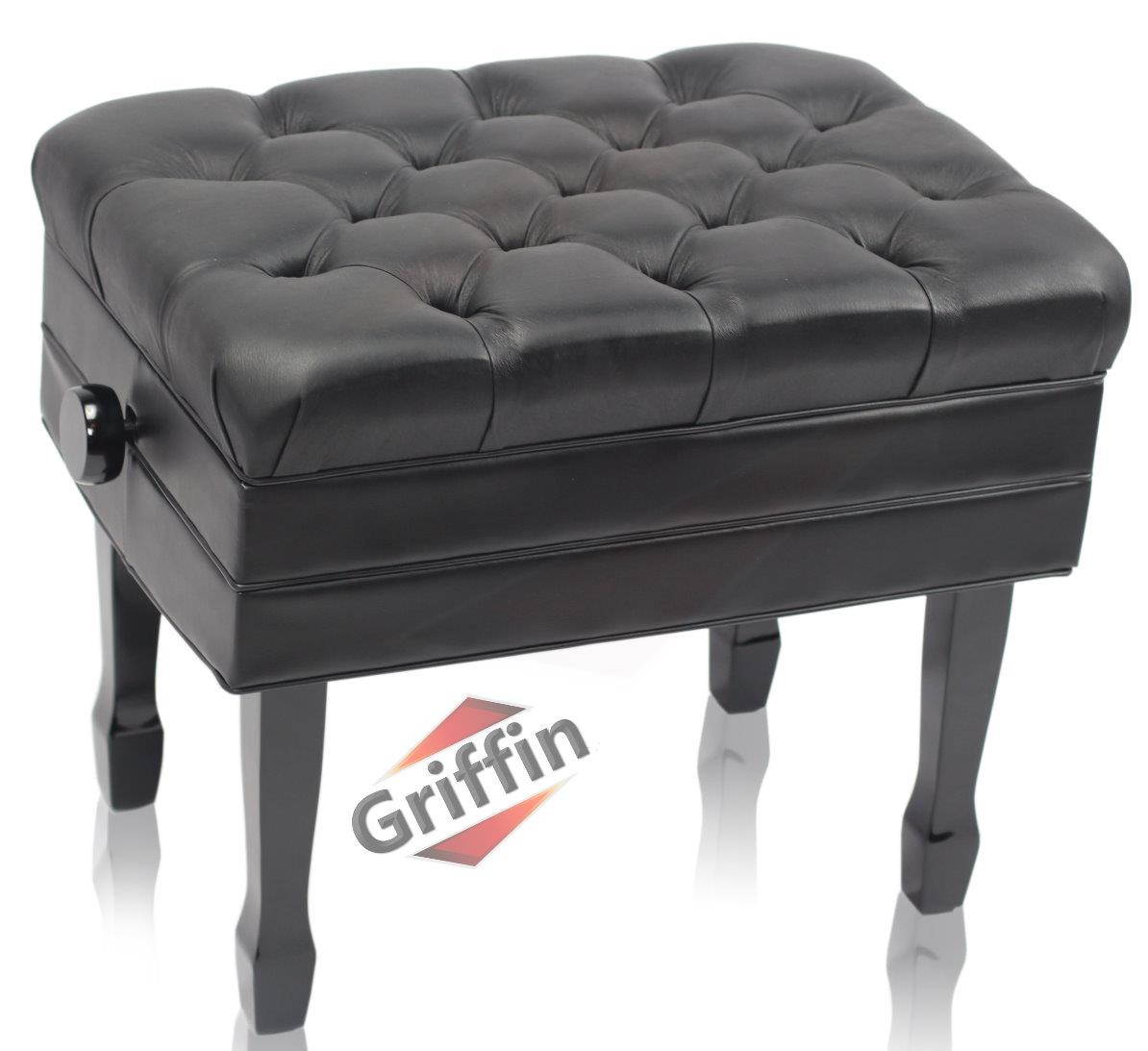 Genuine Leather Adjustable Piano Bench by GRIFFIN | Black Solid Wood Vintage Style & Heavy-Duty Ergonomic Keyboard Stool | Cushion Seat With Storage Space | Home Vanity Bench or Musicians Guitar Chair