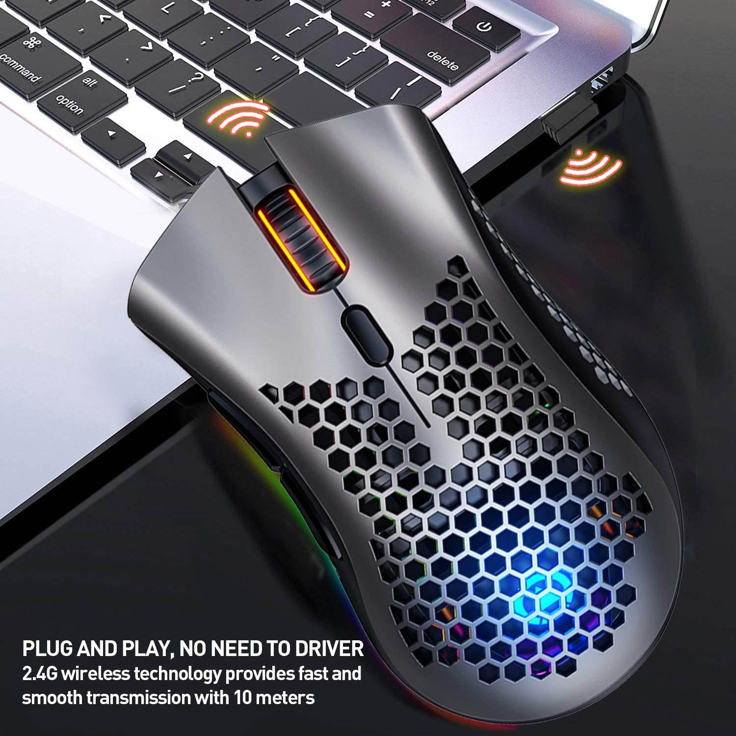 Wireless Gaming Mouse, Wireless Honeycomb Mouse, 7 Programmed Buttons with Silent Click, USB Receiver, Ergonomic RGB Optical Sensor Lightweight Honeycomb Shell Mouse for Computer, Laptop, PC (Black)