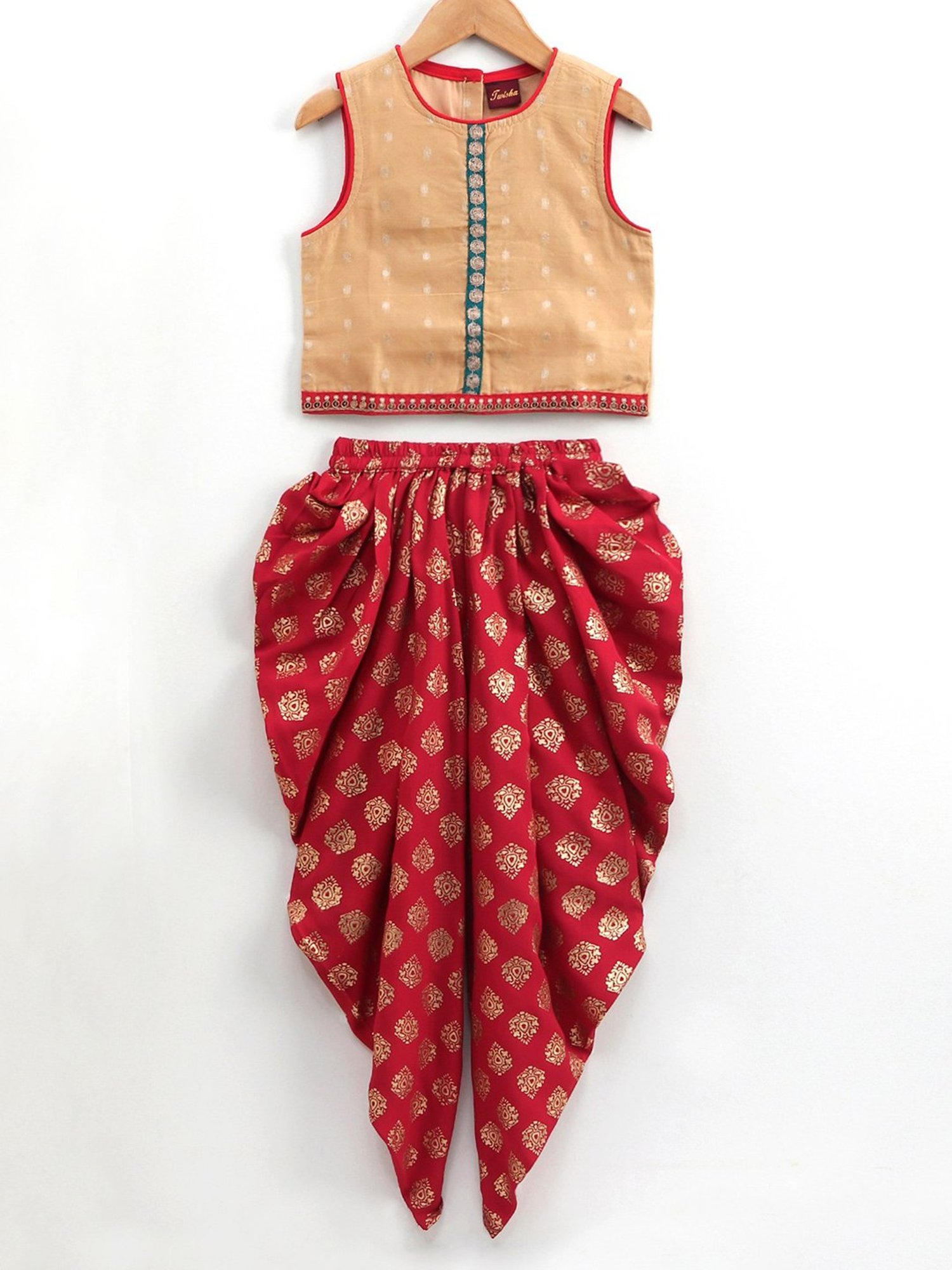 TWISHA Kids Beige & Maroon Self Design Top with Dhoti