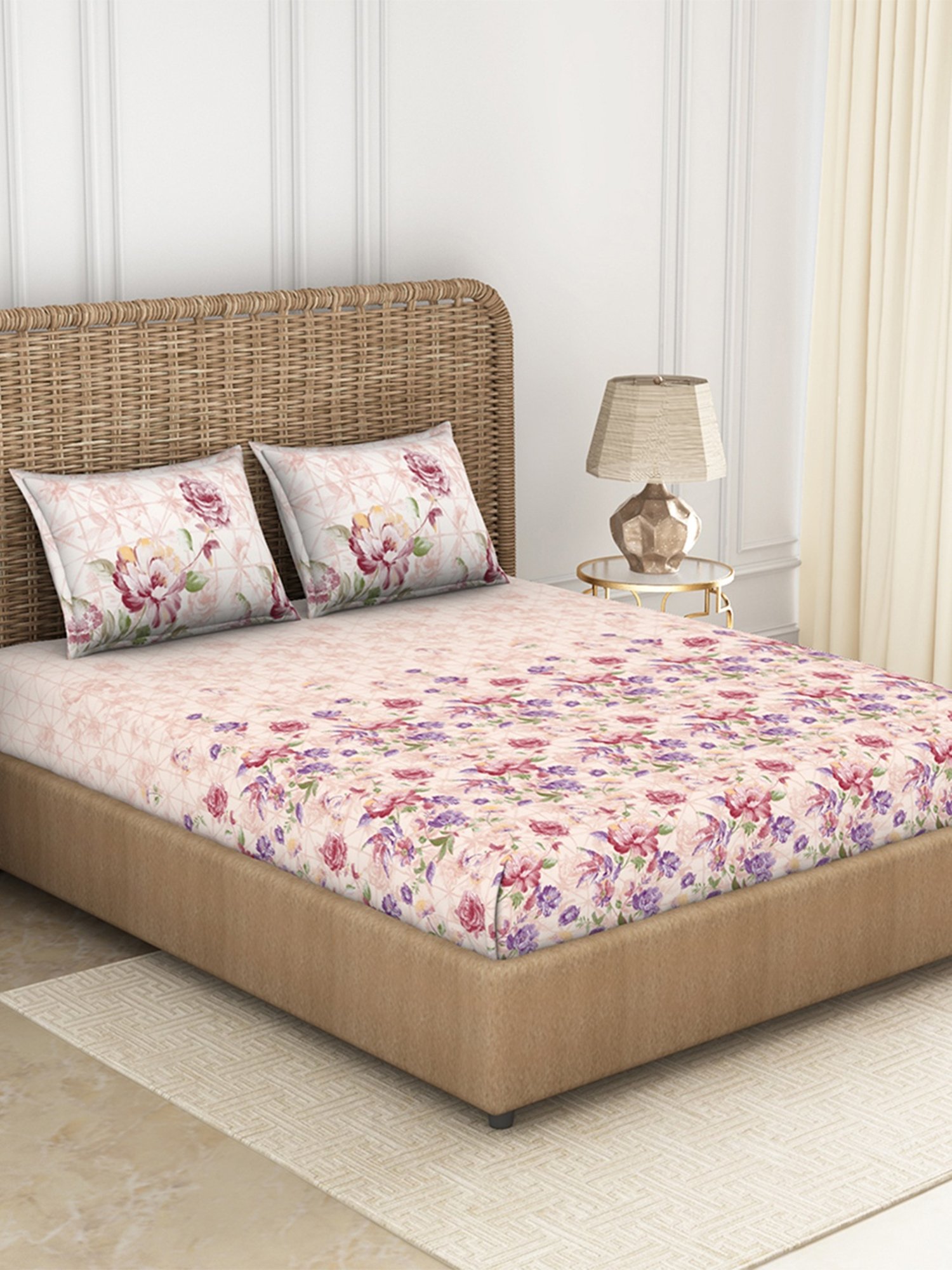 Spaces Printed Orange 144 TC Cotton Double Bedsheet with 2 Pillow Covers