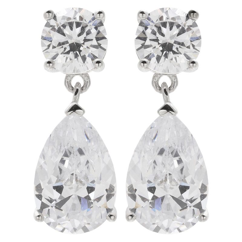Women's Drop Earrings with Round and Pear Clear Cubic Zirconias in Sterling Silver - Clear (0.8")