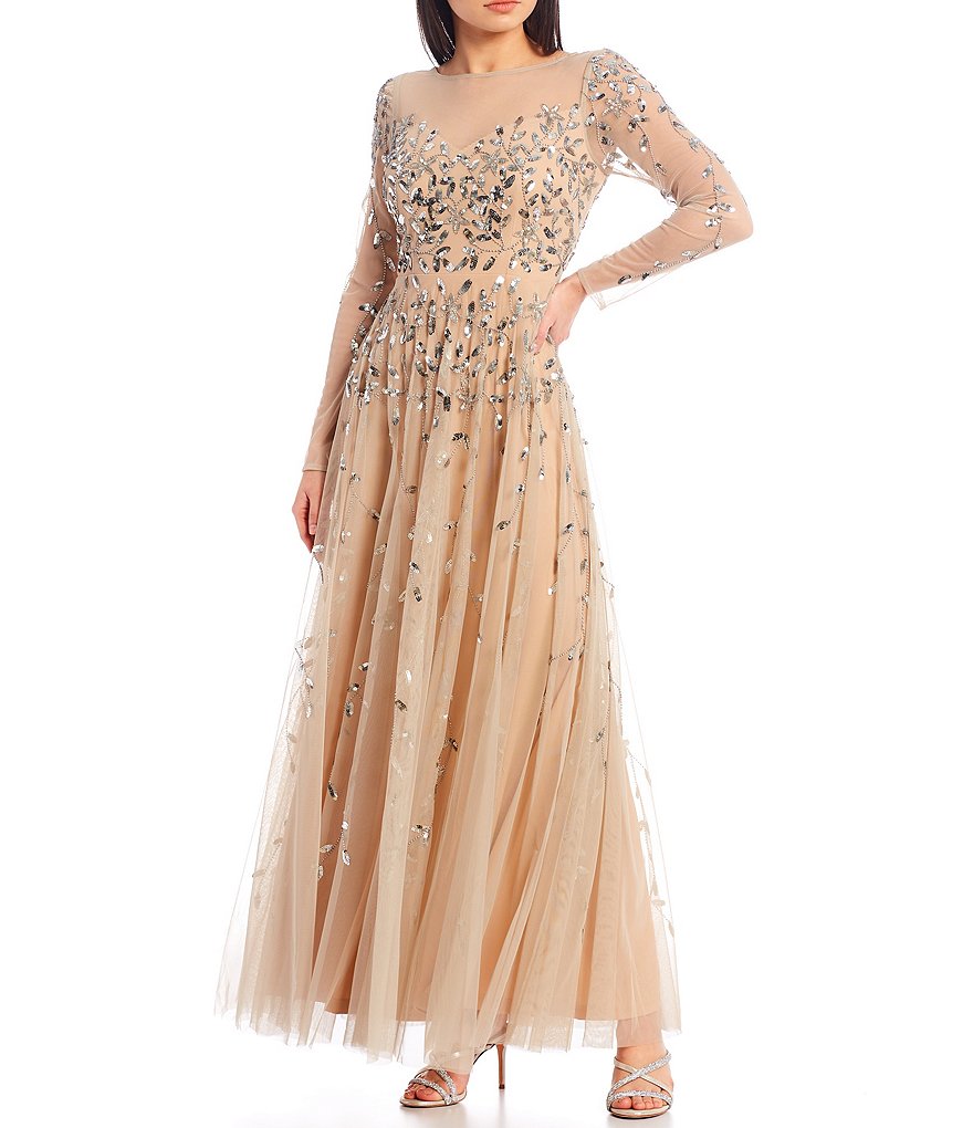 Kay Unger Long Bishop Sleeve V-Neck Crepe A-Line Dress