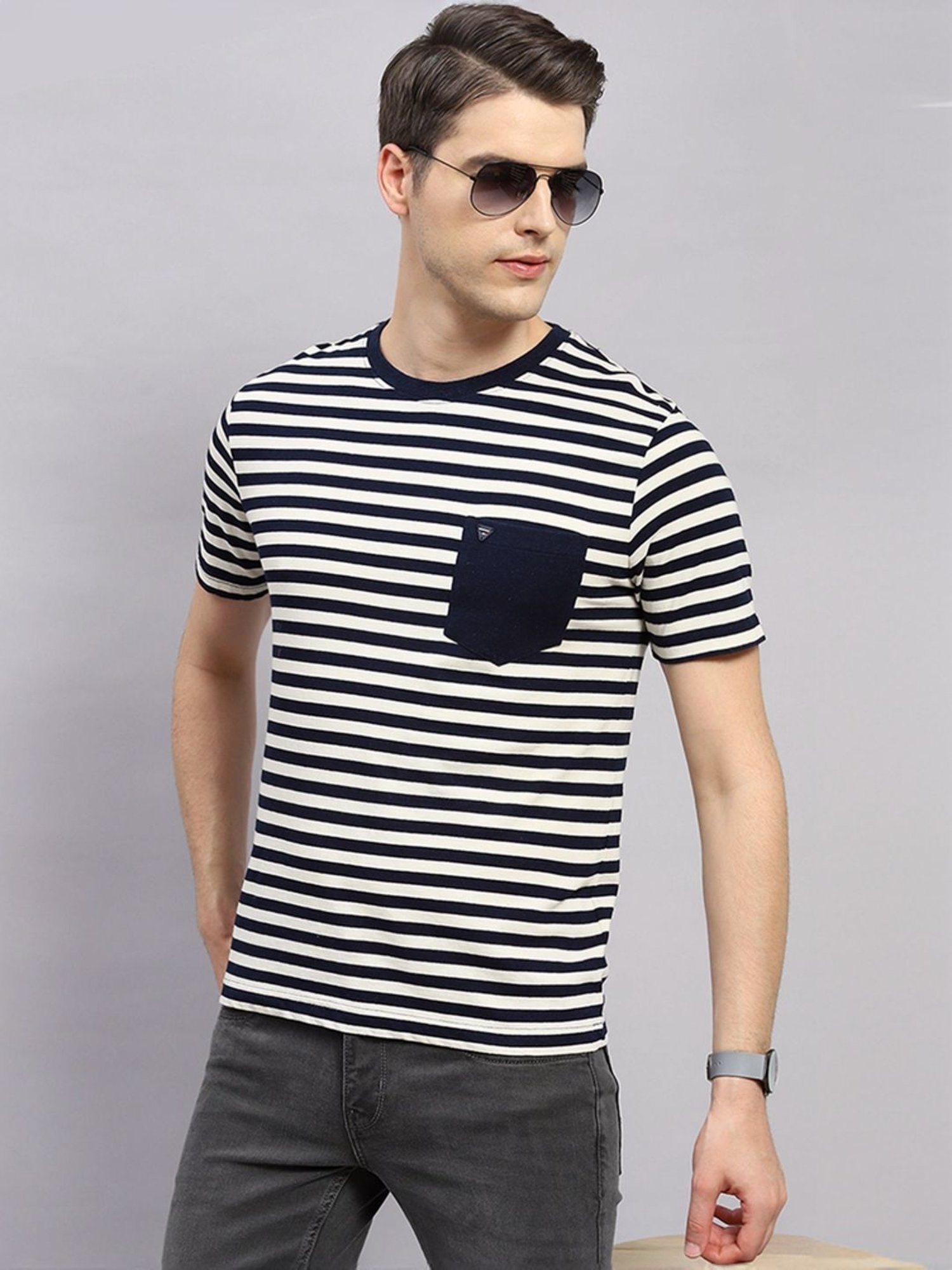 Monte Carlo Navy Blue Regular Fit Striped T-Shirt