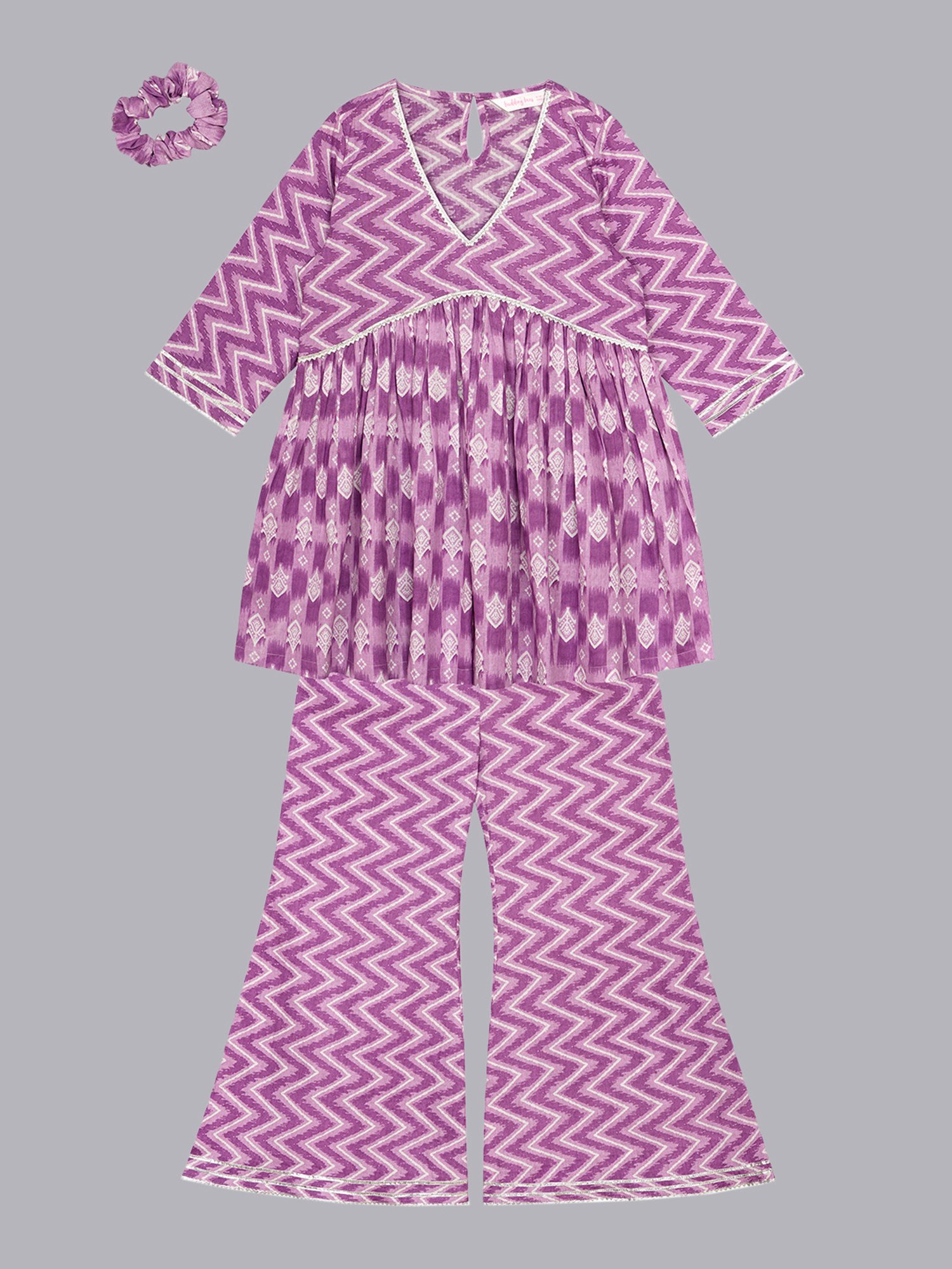 Budding Bees Girls Purple Printed Top, Pants & Scrunchies