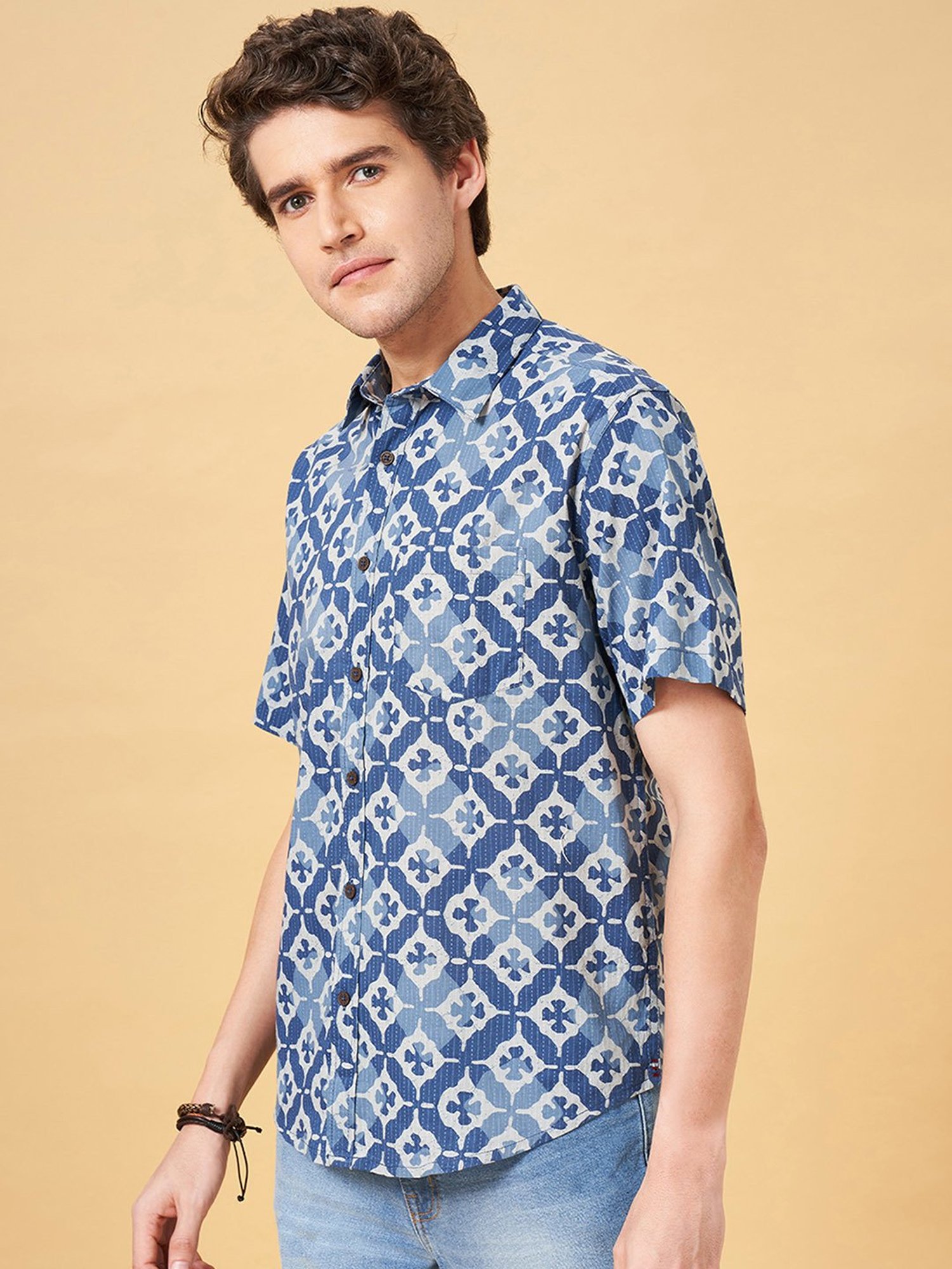 Indus Route by Pantaloons Dark Blue Regular Fit Printed Shirt