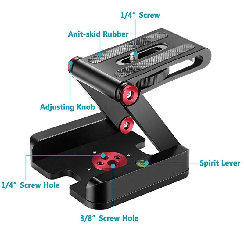 Folding Z Flex Tilt Head Tripod Ball Head Quick Shoe QR Plate Aluminum Alloy Camera Bracket Bubble Level Compatible Canon Nikon Sony Camera Camcorder Tripod Slider RailRed
