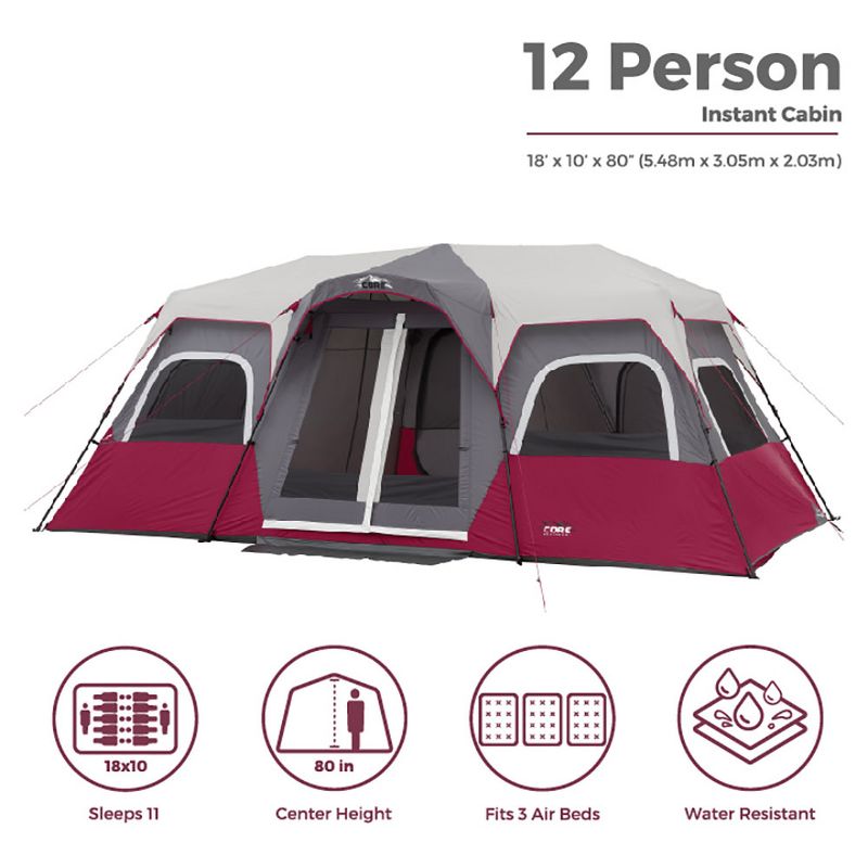 CORE Equipment Family Sized 12 Person 18 x 10 Feet Double Door Instant Cabin Tent with Room Dividers and Storage Pockets, Wine