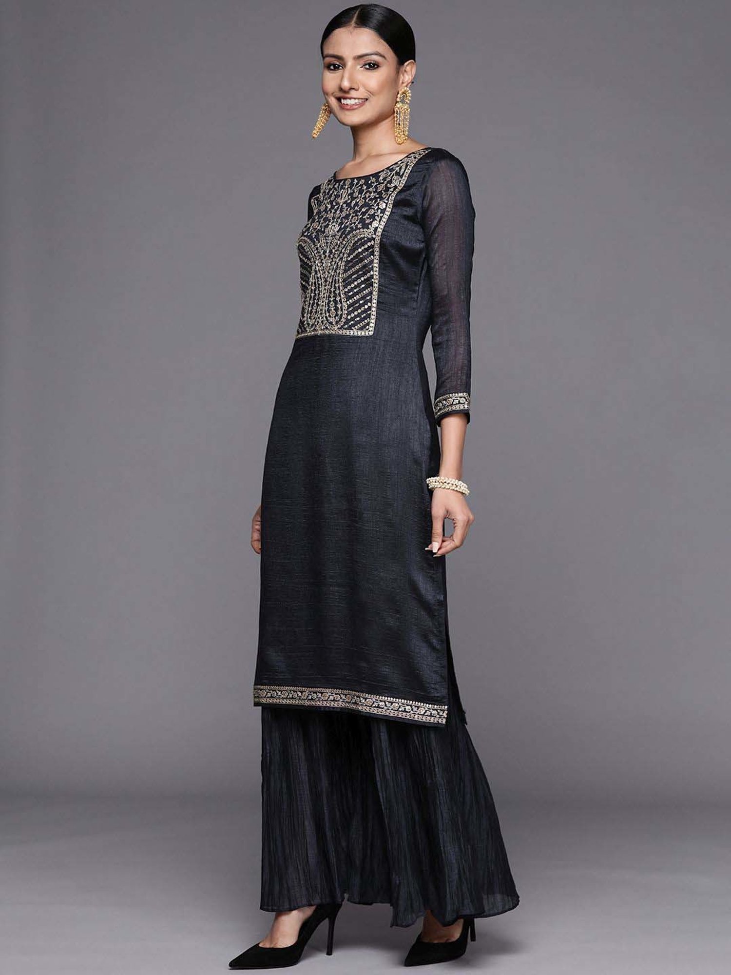 Libas Black Embroidered Kurta Sharara Set With Dupatta