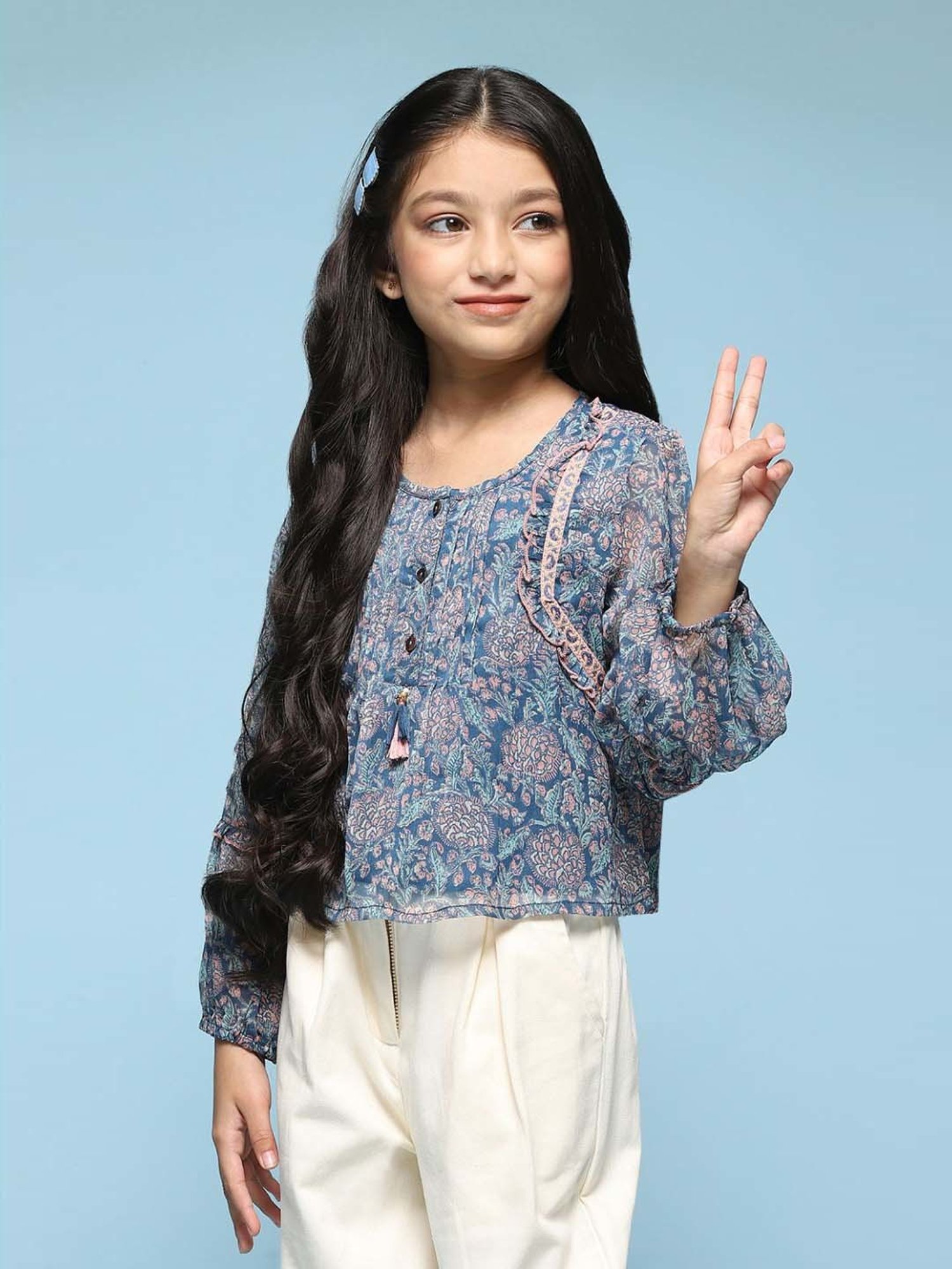 BIBA Girls Kids Blue Printed Full Sleeves Top