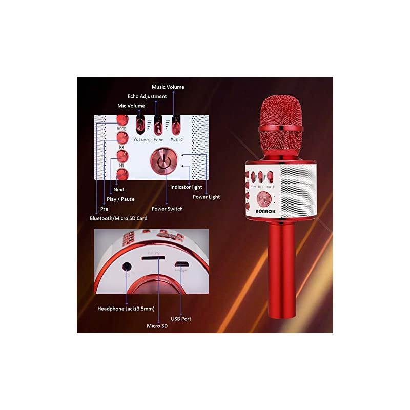 Wireless Bluetooth Karaoke Microphone,3-in-1 Portable Handheld Mic Speaker Machine Birthday Home Party for PC or All Smartphone(Q37 Red)