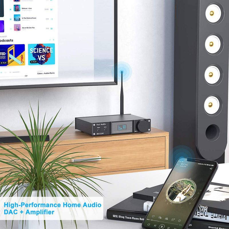 Fosi Audio DA2120C Bluetooth Amplifier 120W x2 Stereo Hi-Fi 2.1 Channel Wireless Stream aptX, 24Bit/192kHz Class D Compact Mini Power Amp Integrated USB DAC Coaxial Optical, Support Subwoofer & Remot
