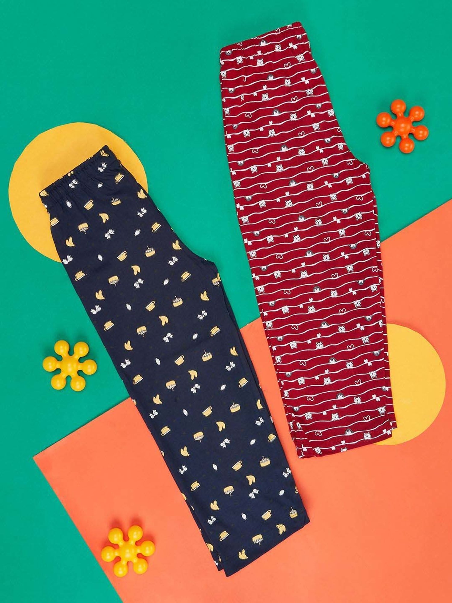 YU by Pantaloons Girls Maroon & Navy Cotton Printed Pajamas (Pack of 2)