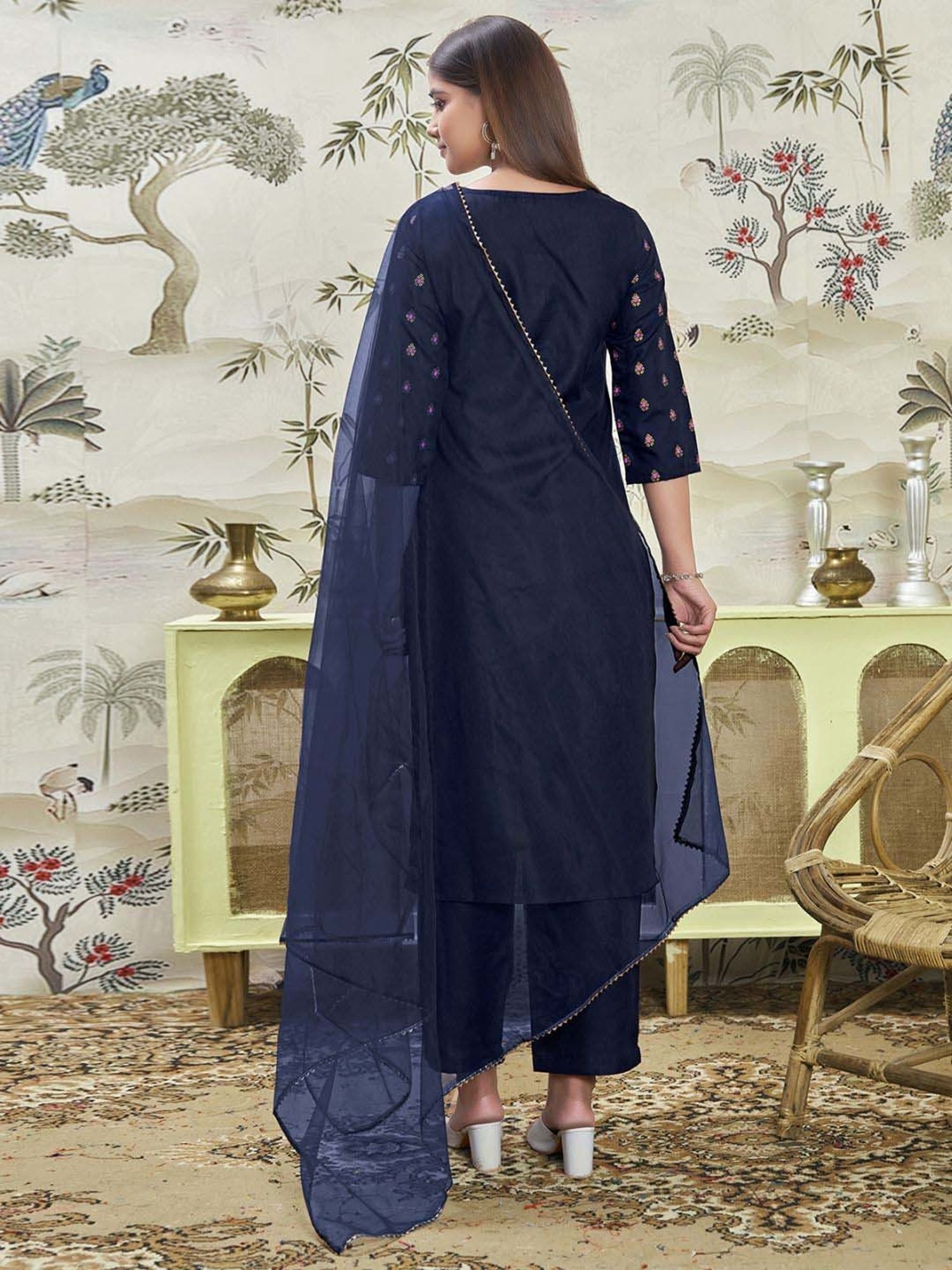 Skylee Navy Cotton Embroidered Kurta Pant Set With Dupatta