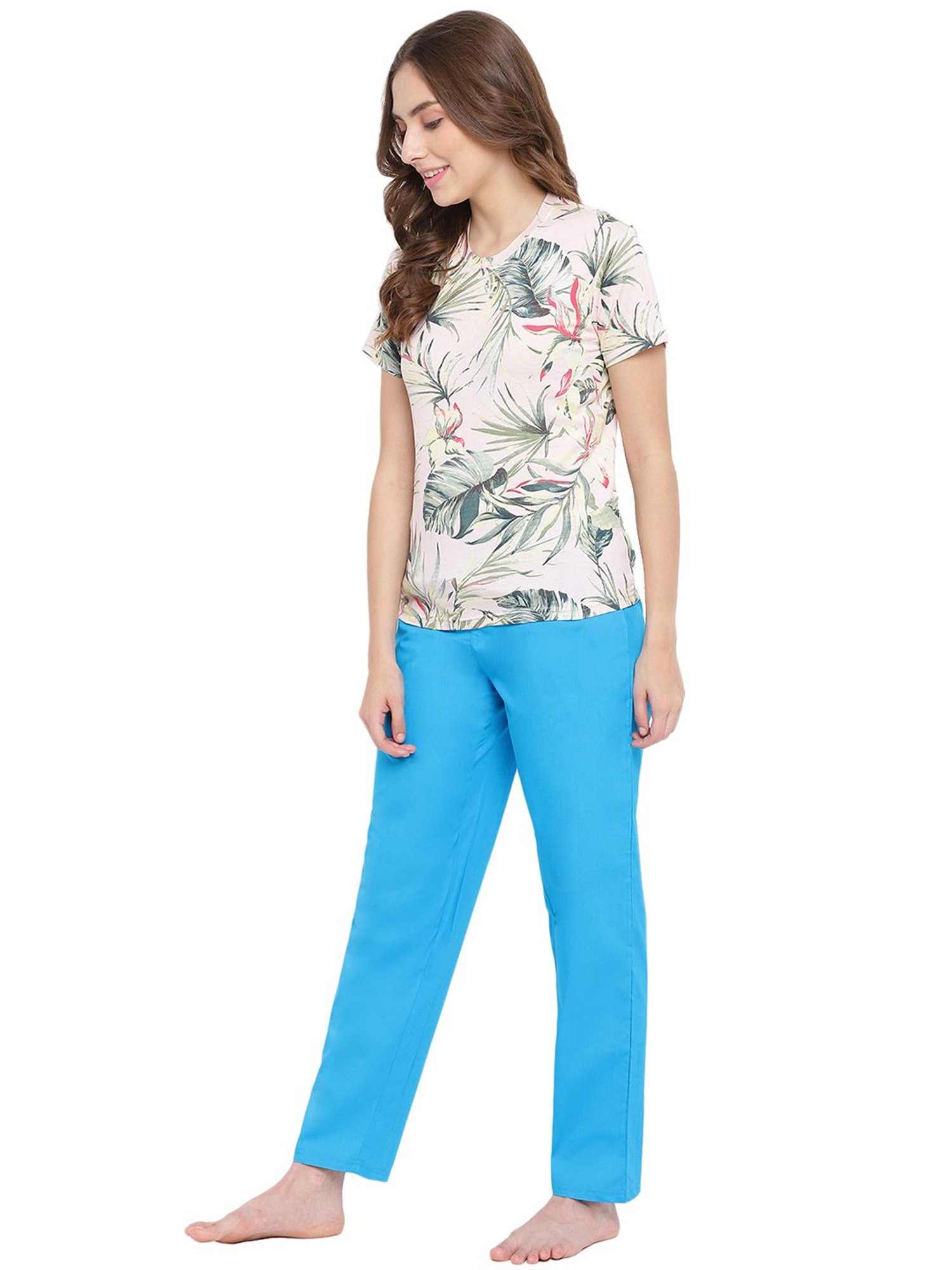 La Intimo Beige & Blue Printed T-Shirt With Pyjamas