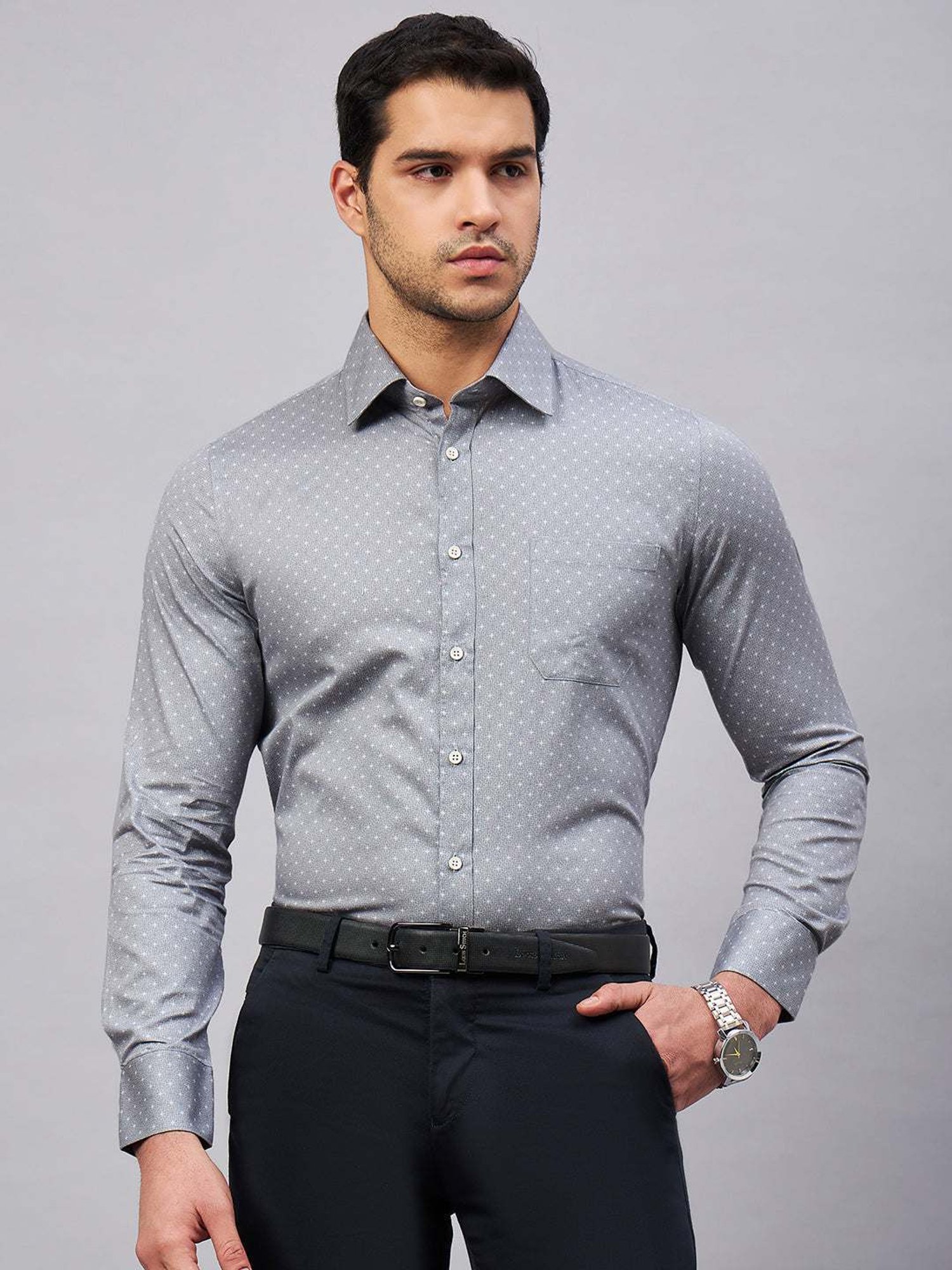 Louis Stitch Grey Cotton Regular Fit Printed Shirt