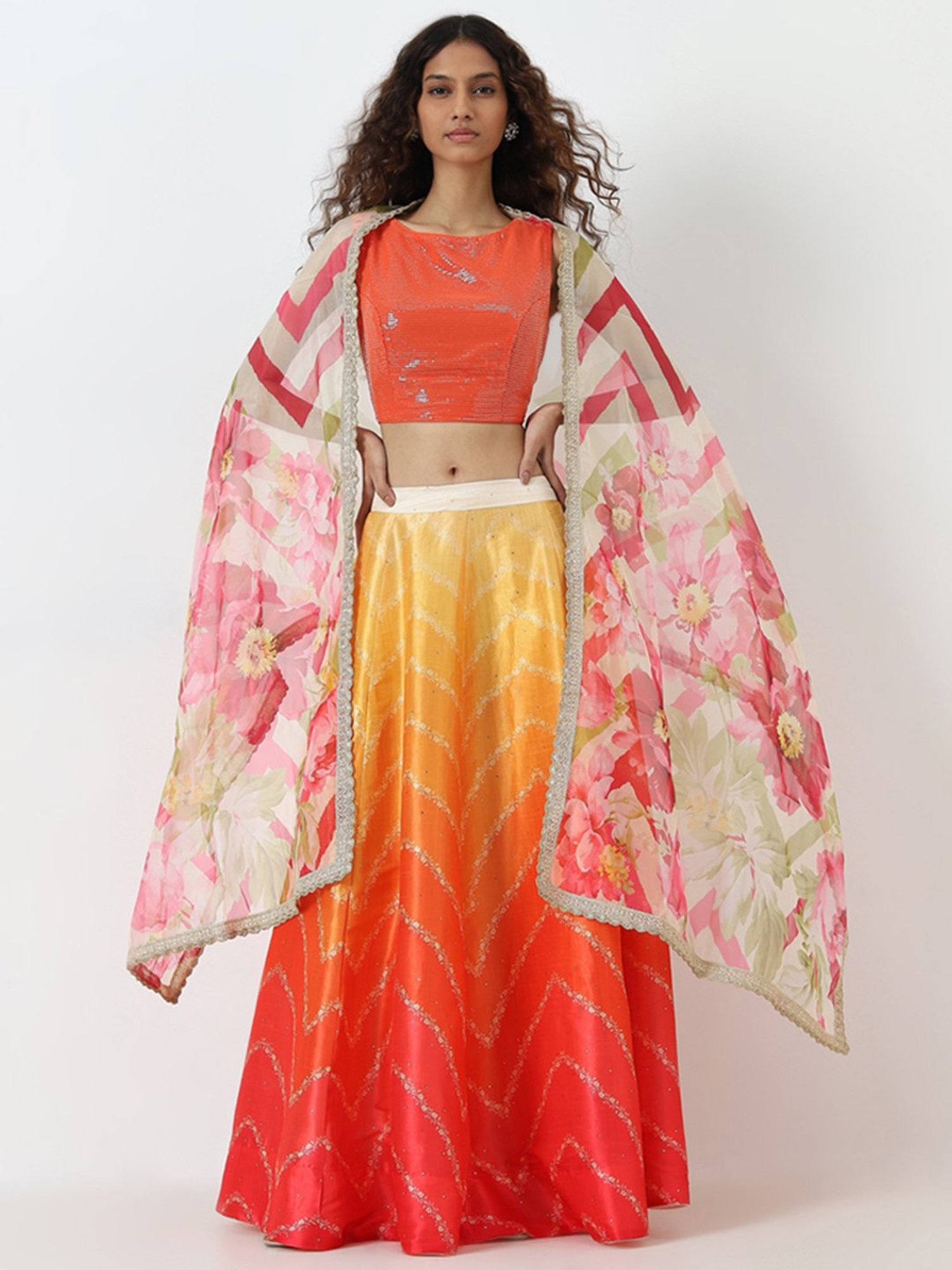 Vark by Westside Orange Embellished Top, Skirt and Dupatta Set