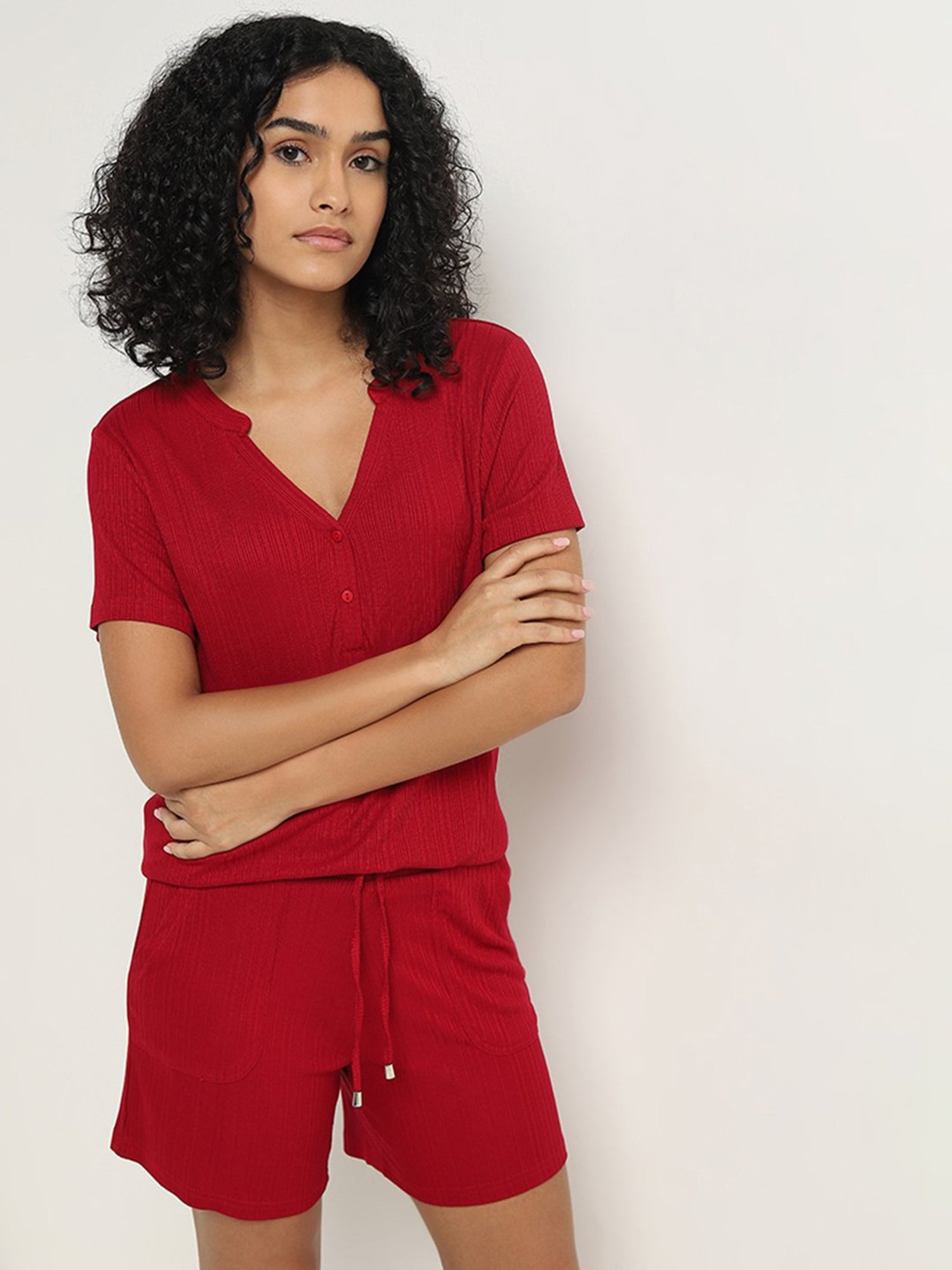 Wunderlove by Westside Red Ribbed-Textured High-Rise Shorts