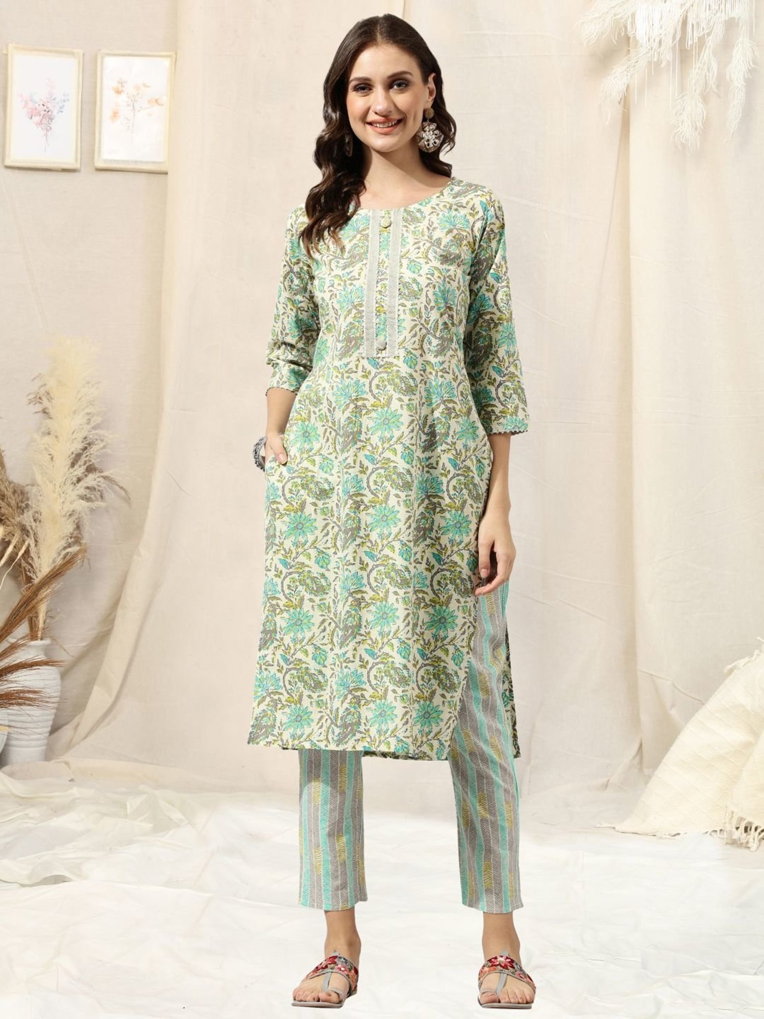 MIRCHI FASHION Cotton Beige & Blue Floral Print Kurta Pant Set