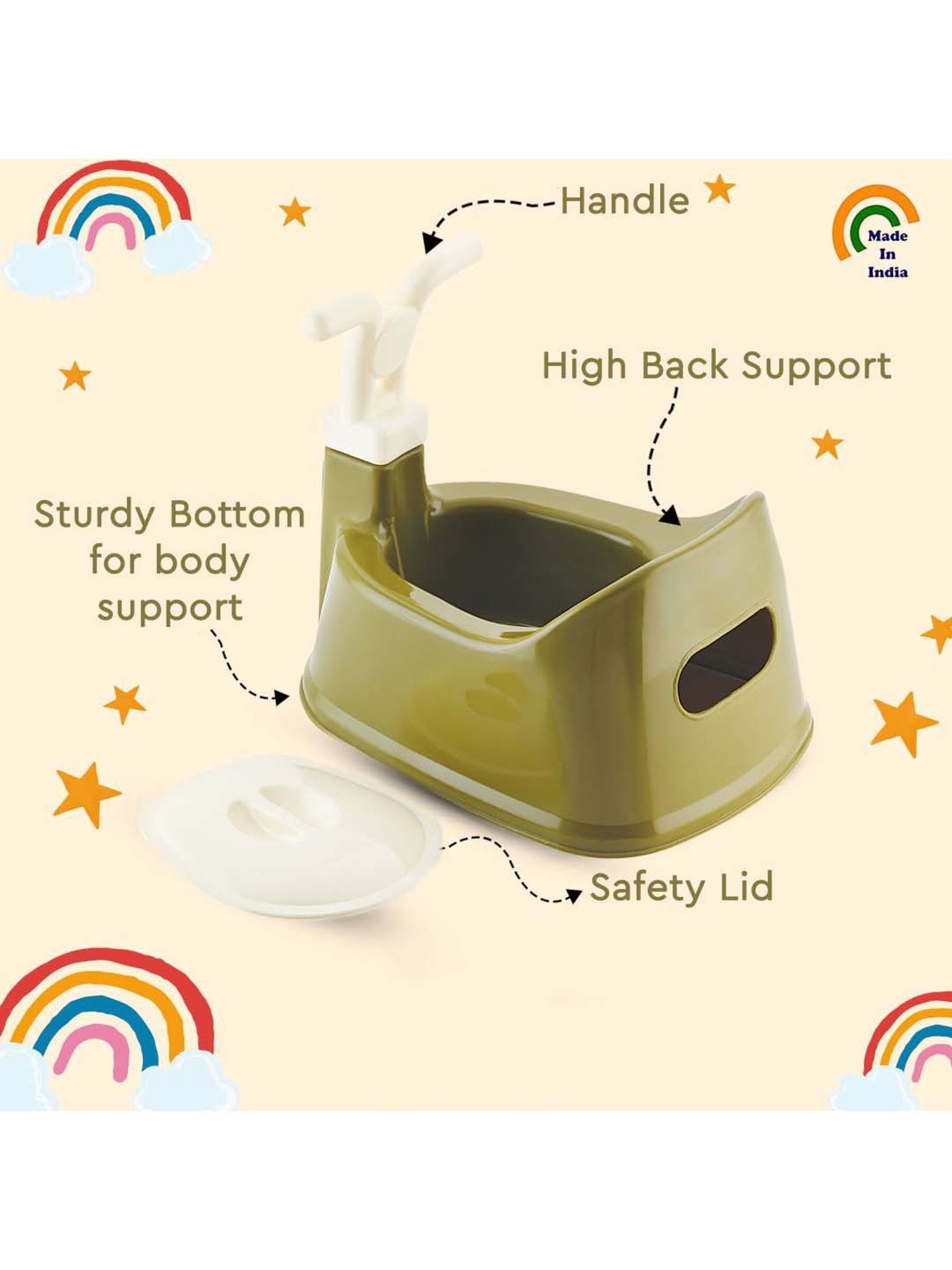 HAZEL Olive Green & White Plastic Bike-Shaped Baby Toilet Chair With Closing Lid