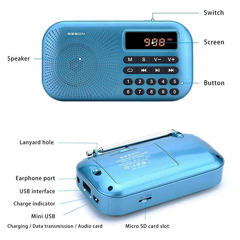 RM-155Pro AM FM Radio Portable Mini USB Speaker MP3 Music Player SupportMicro SD/TF Auto Scan Save LED Display USB Transmit Data and Sound Card Function, Rechargeable BL-5C Battery (Blue)