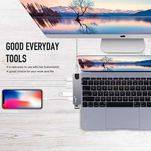 USB C Hub Adapter, 7 in 1 Thunderbolt 3 Type C Dongle for 2018/2017/2016 MacBook Pro with 4K HDMI, Gigabit Ethernet, 100W Power Delivery, SD Card Reader, USB 3.0 Ports (Grey)