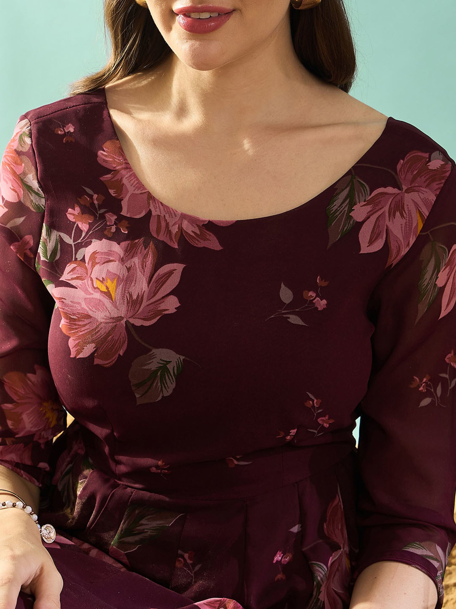 PANIT Maroon Floral Print Ethnic Dress