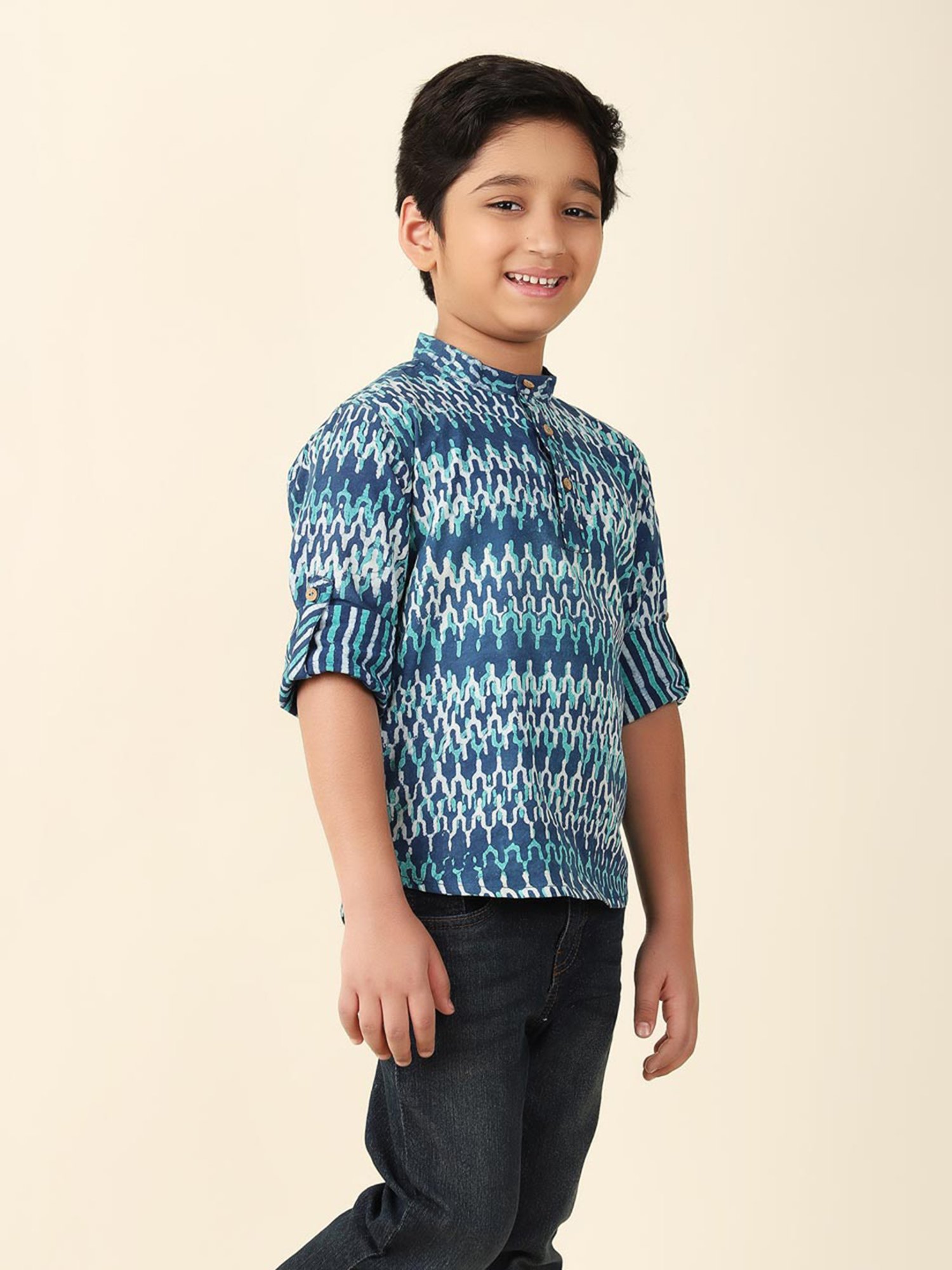 Fabindia Kids Indigo Printed Full Sleeves Short Kurta