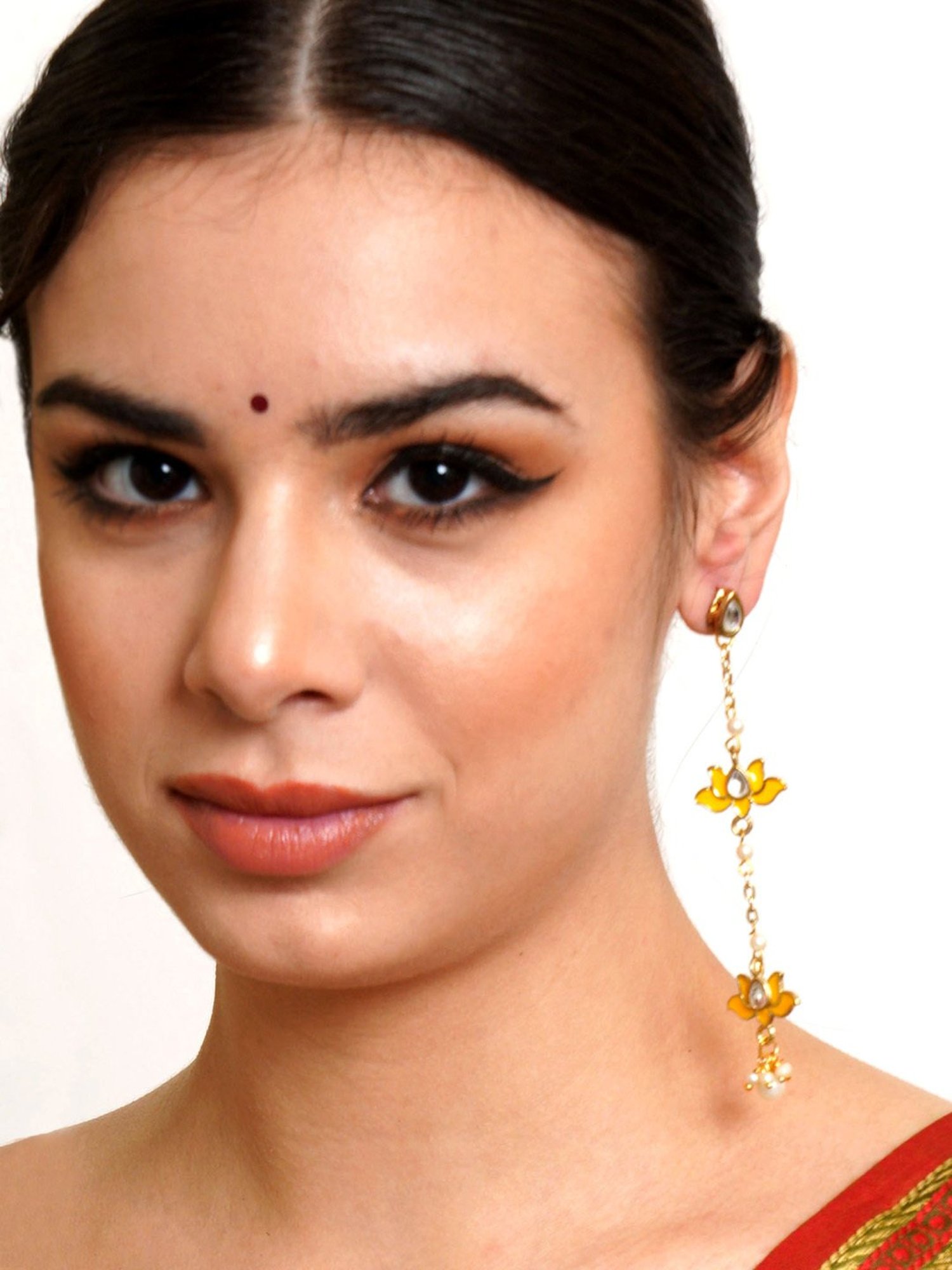 Karatcart Gold-Plated Lotus Shape Yellow Kundan Dangler Earrings