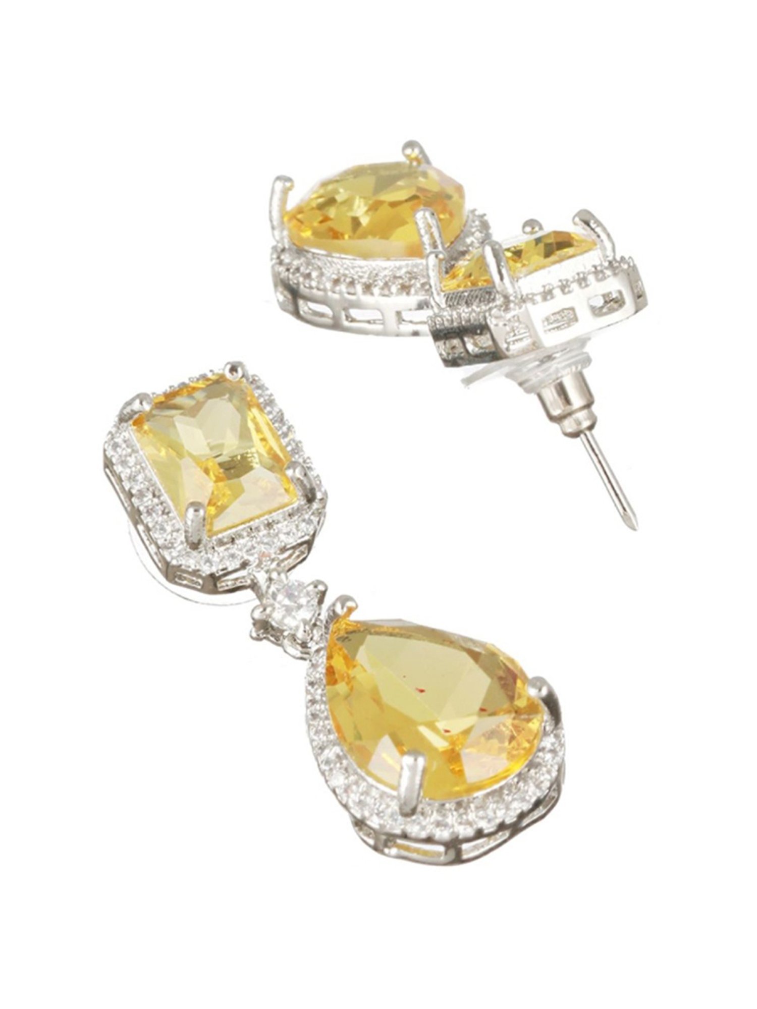 Aatmana Silver-Toned & Yellow Teardrop Shaped Drop Earrings for Women