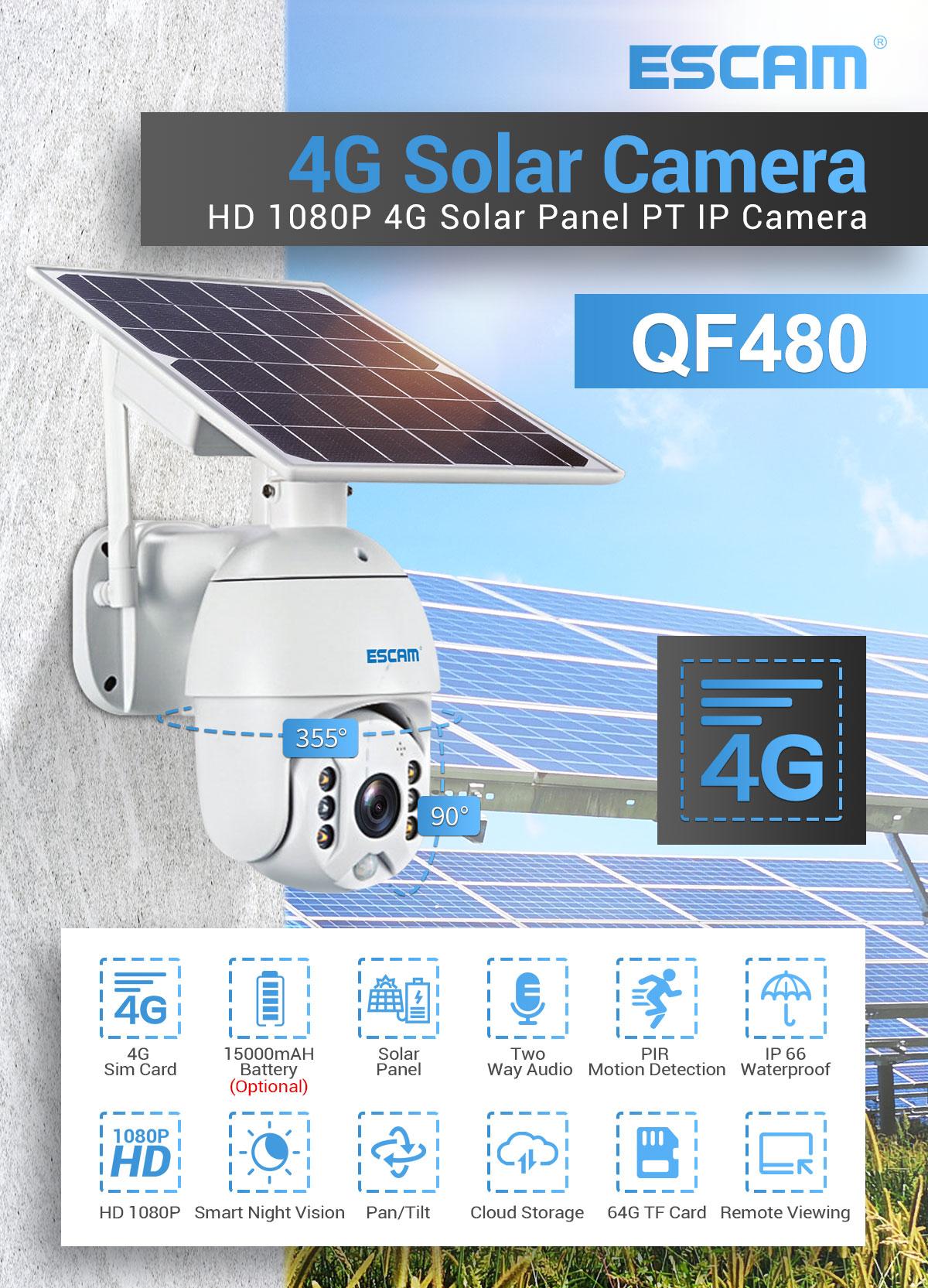 ESCAM 1080P 4G PT IP Solar Camera With Solar Panel Two Way Audio Cloud Storage