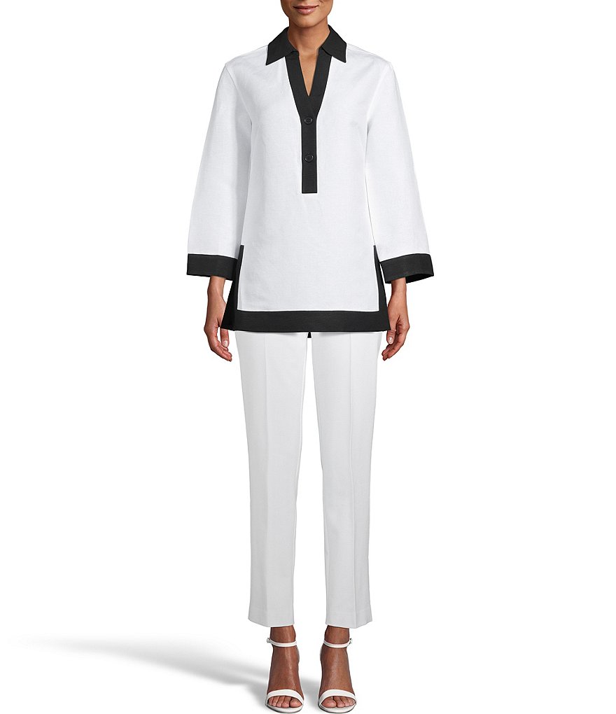 Anne Klein Colorblock Y-Neck Linen Blend Long Sleeve Button Front Tunic